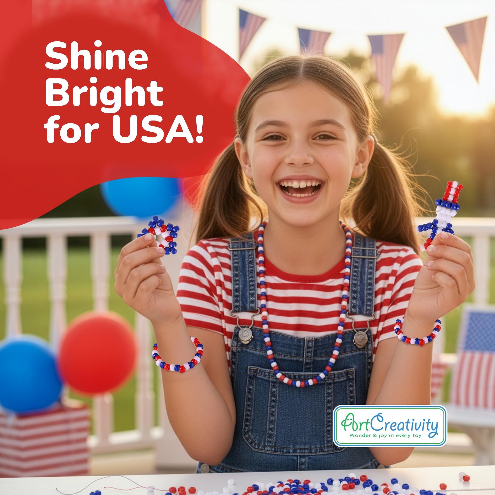 ArtCreativity Patriotic DIY Beads Kit for Kids - 1000 Pack - Red White and Blue Plastic Jewelry Beads with 40m String for Making USA Flag Necklaces & Bracelets