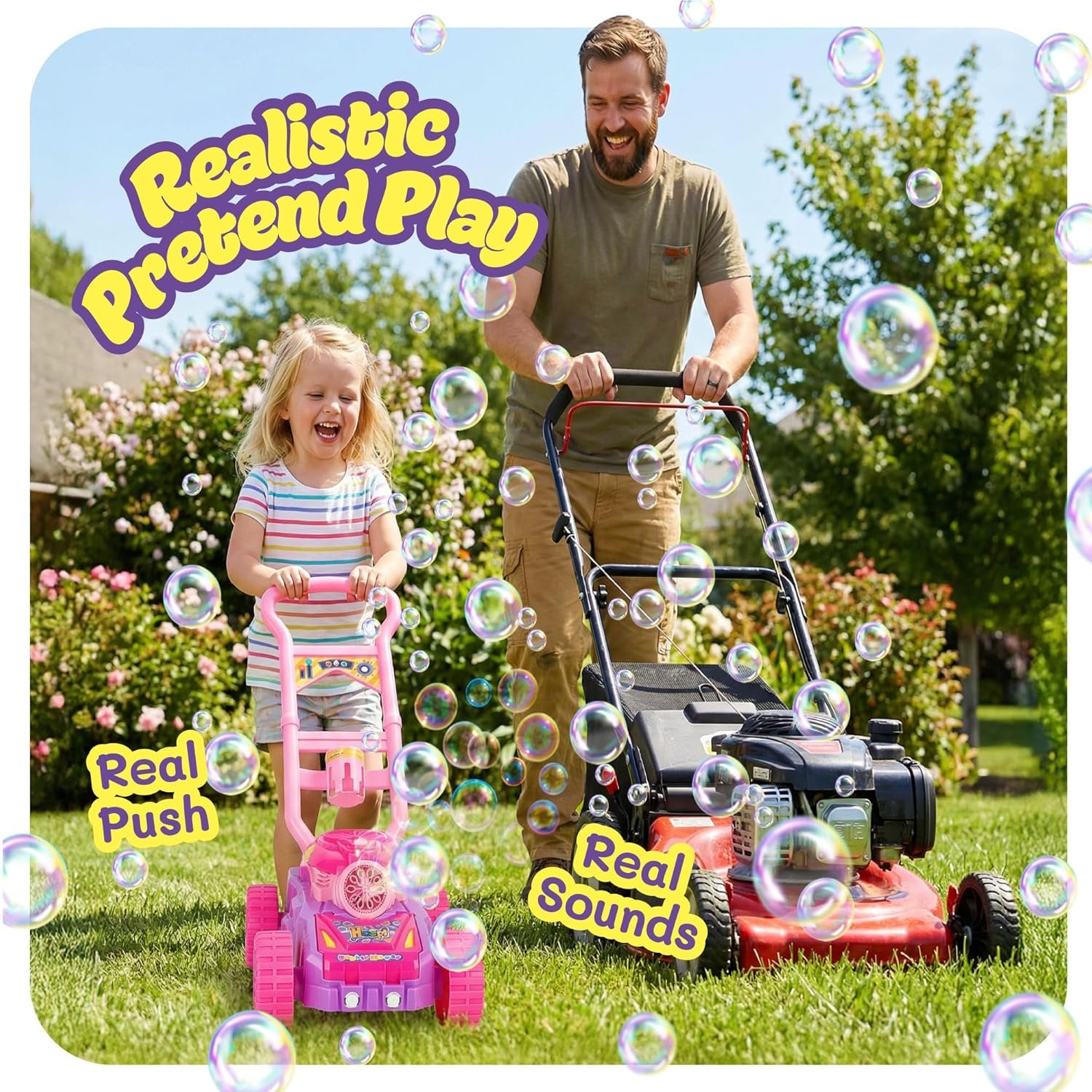 Hoopi Extreme Bubbles Lawn Mower for Toddlers, Spill-Proof Kids Bubble Machine with Lights with 3 Bottles