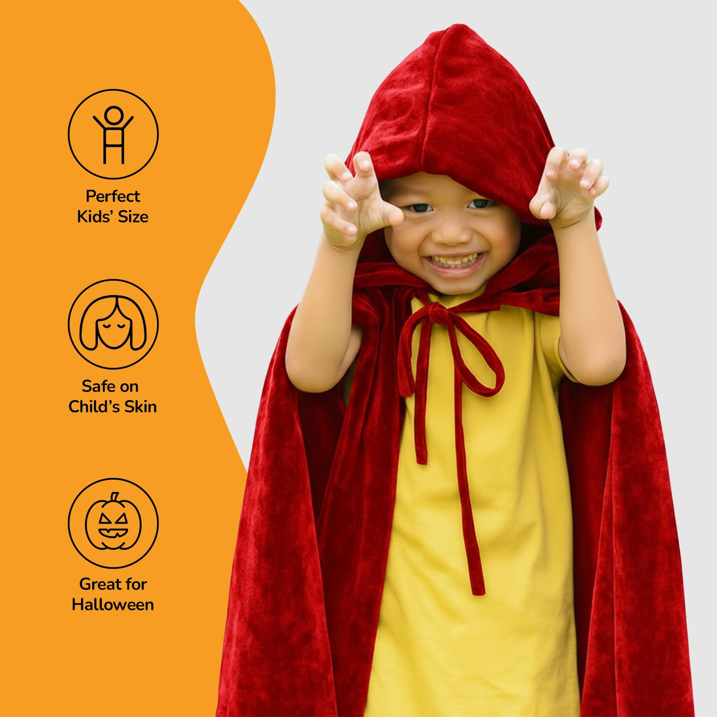 Velvet Hooded Cloak for Kids - 4ft Long - Vibrant Red Cloak with Hood and String Closure