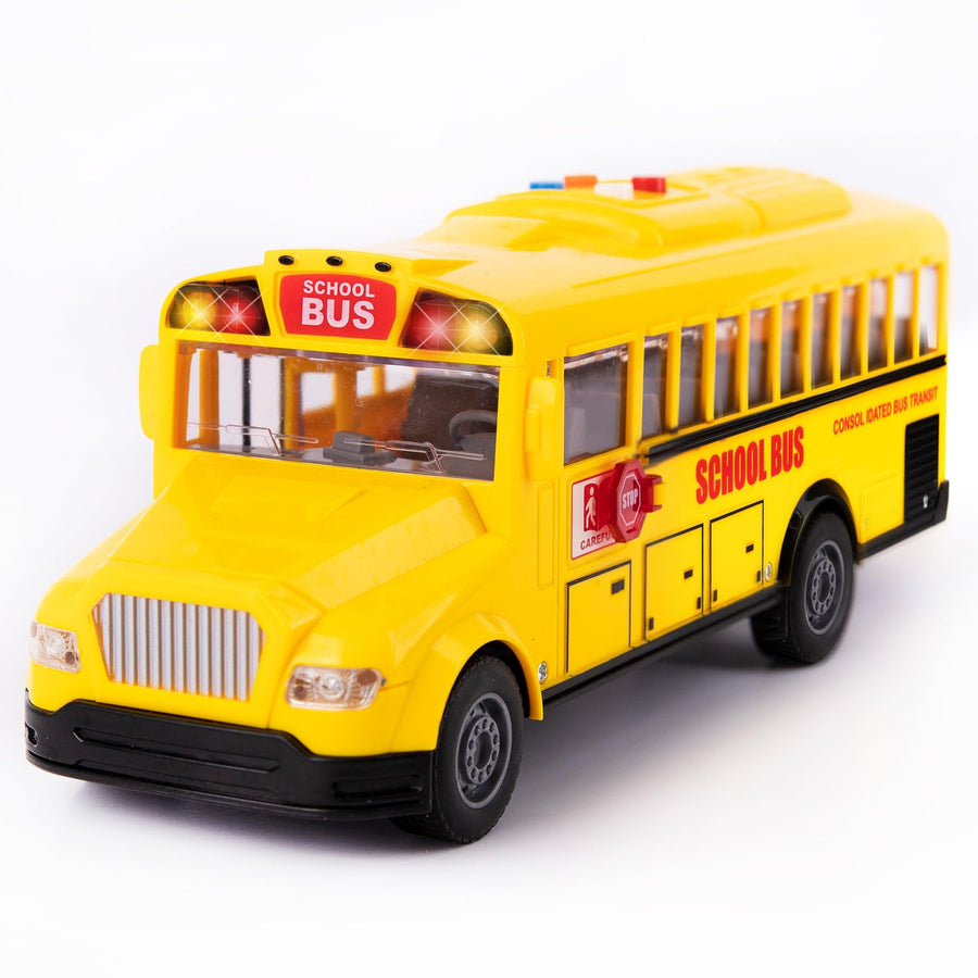Yellow School Bus with Flashing Lights & Sound, Friction Powered 11" Toy School Bus