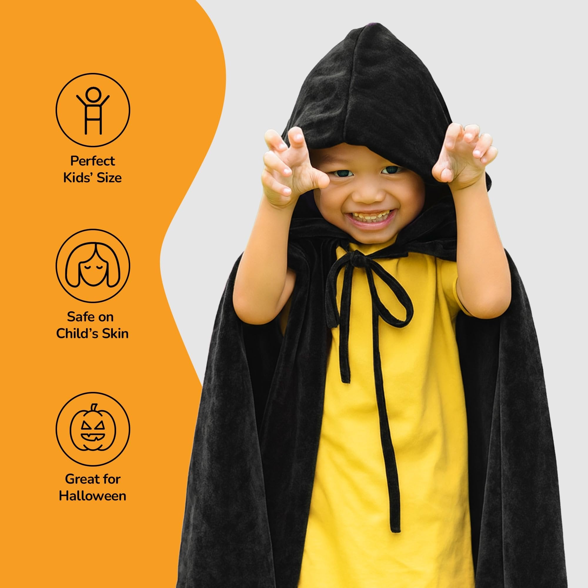 Velvet Hooded Cloak for Kids - 4ft Long – Deep Black Cloak with Hood and String Closure