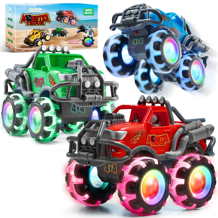 Monster Truck Toys 3 Pack with Motion Activated Light Up Wheels Friction Powered Push and Go Vehicles