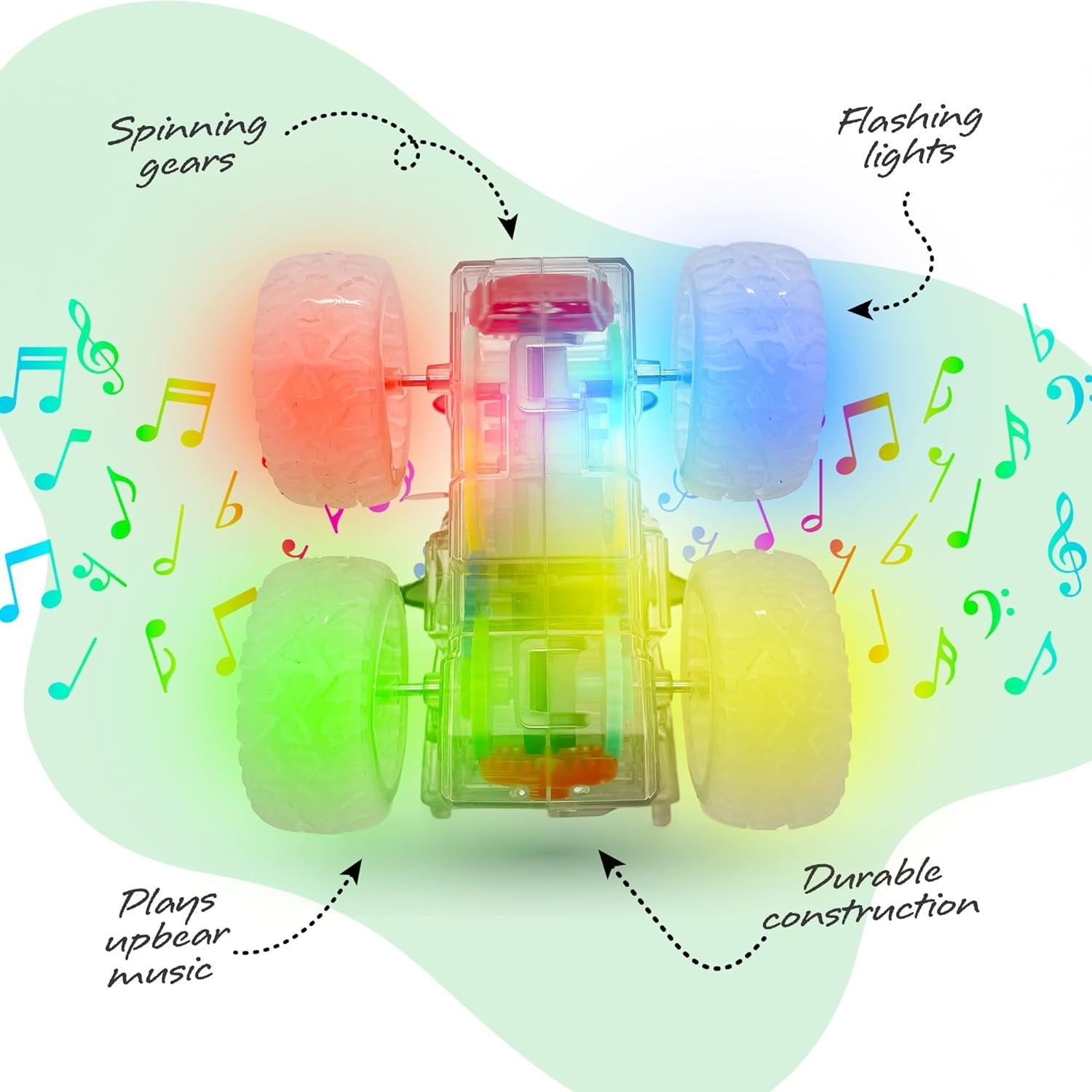 Gear Cars with Glowing Transparent Wheels, Lights, & Music - 2 Pack