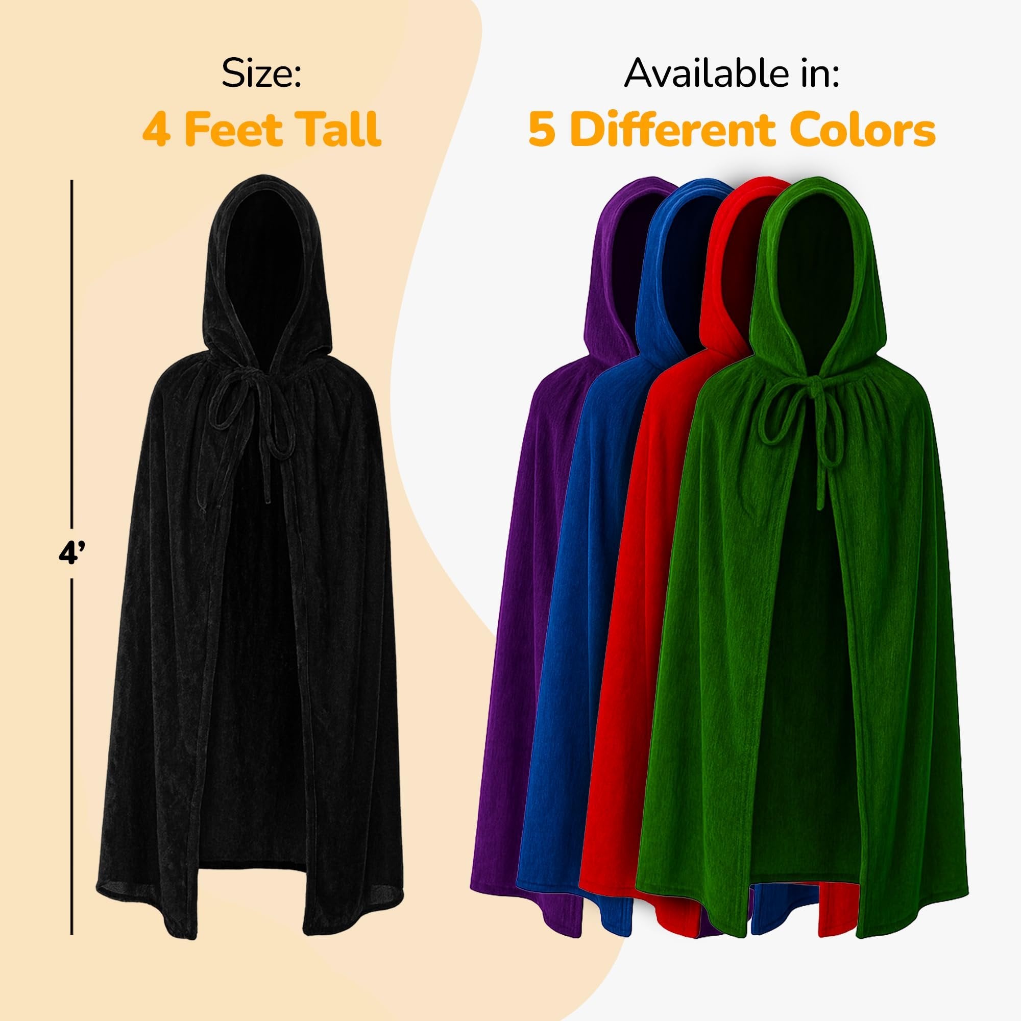Velvet Hooded Cloak for Kids - 4ft Long – Deep Black Cloak with Hood and String Closure