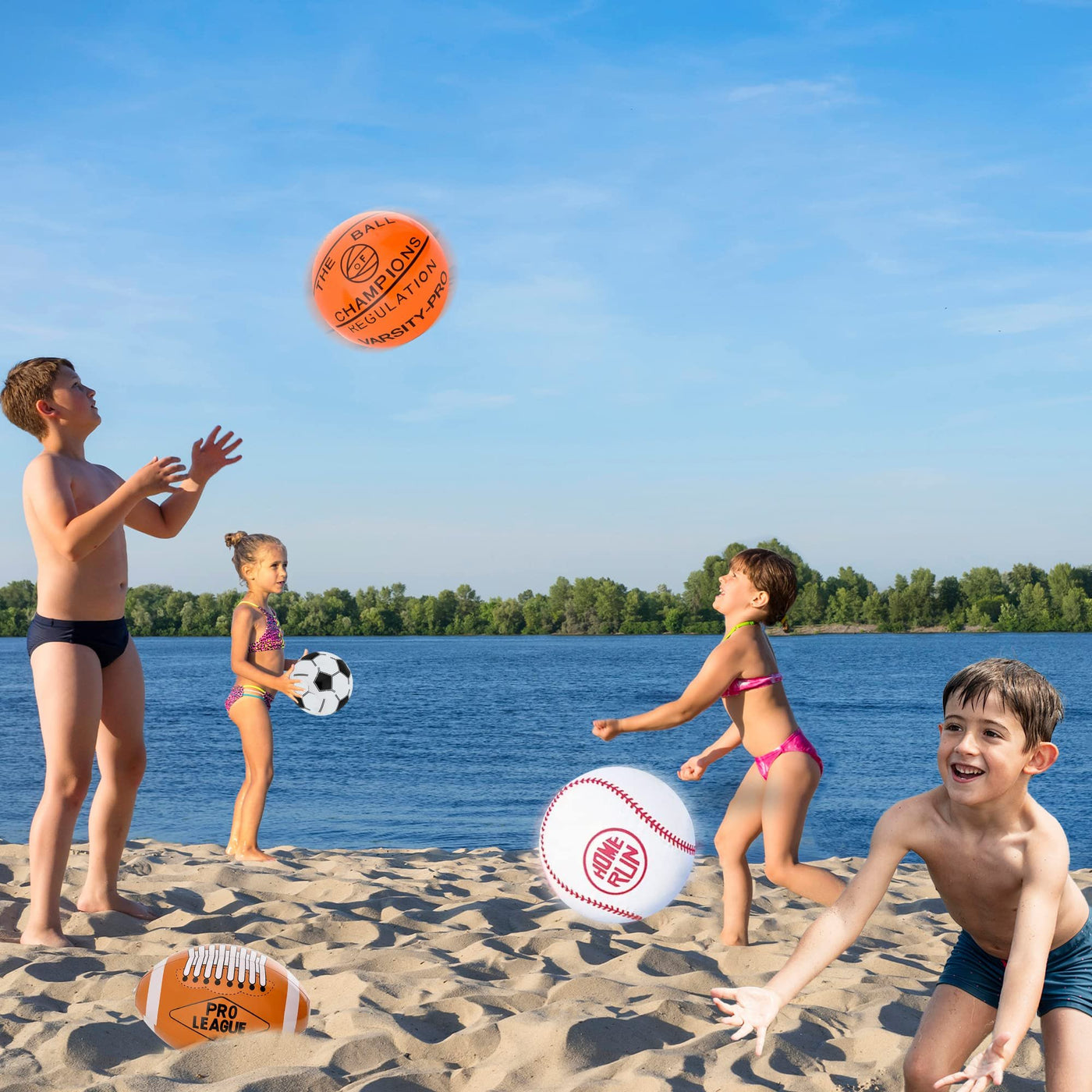 Sports Beach Balls – Set of 12 Inflatable Football, Soccer, Baseball & Basketball Balls