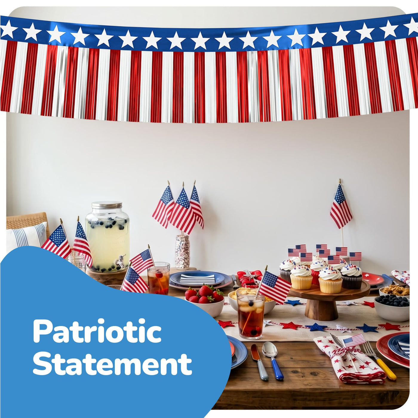 Patriotic USA Fringe Decoration - 40ft x 13.75" - Fourth of July Decoration, 6 Red White and Blue Banners