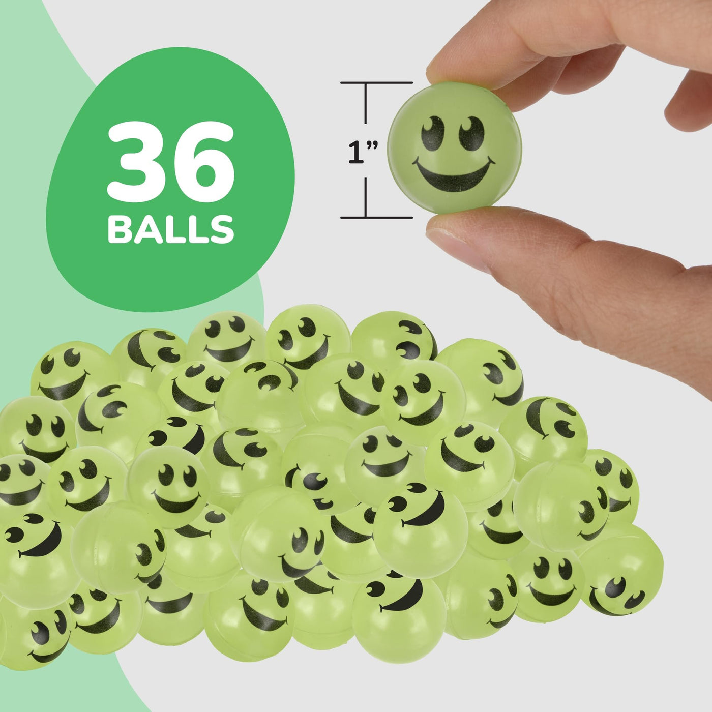 Glow in the Dark Yellow Smiley Face Bouncing Balls - Bulk Pack of 36, 1 Inch
