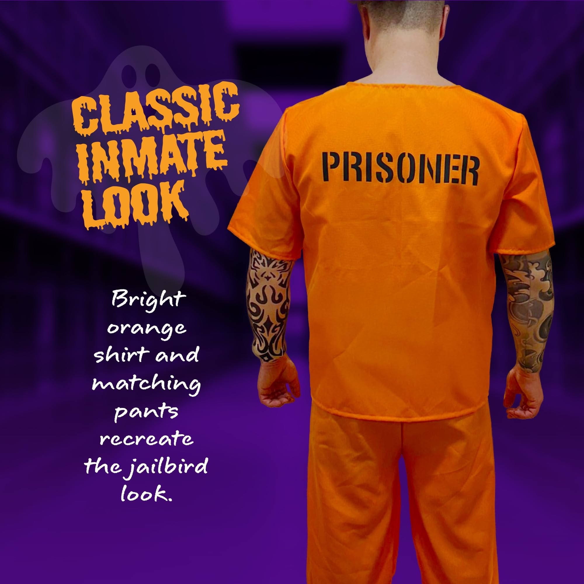 Orange Prisoner Costume with 6 Outlaw Sleeve Tattoos for Men - Size Medium