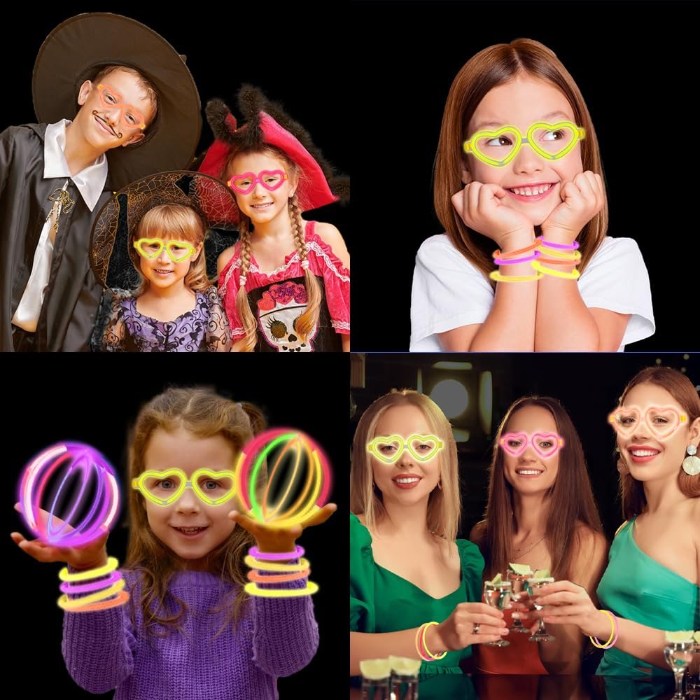 Glow in the Dark Bracelets & Glasses Set – 20 Heart Frames, 60 Glow Sticks & Connectors