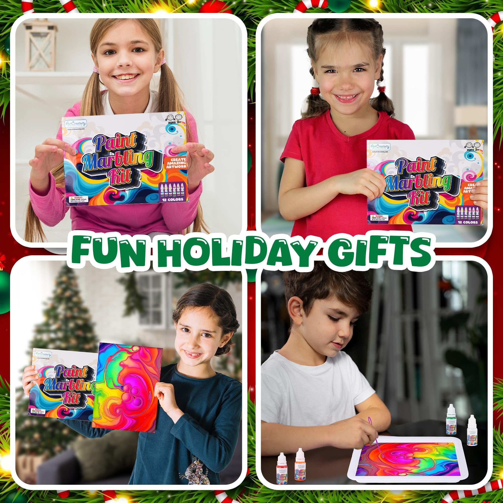 ArtCreativity Water Marbling Paint Art Kit for Kids - Complete Set with 12 Paint Colors, 10 Bags Thickening Powder, 10 A5 Papers, and More - Marble Art Painting Kit - Crafts for Kids Ages 3 and Up