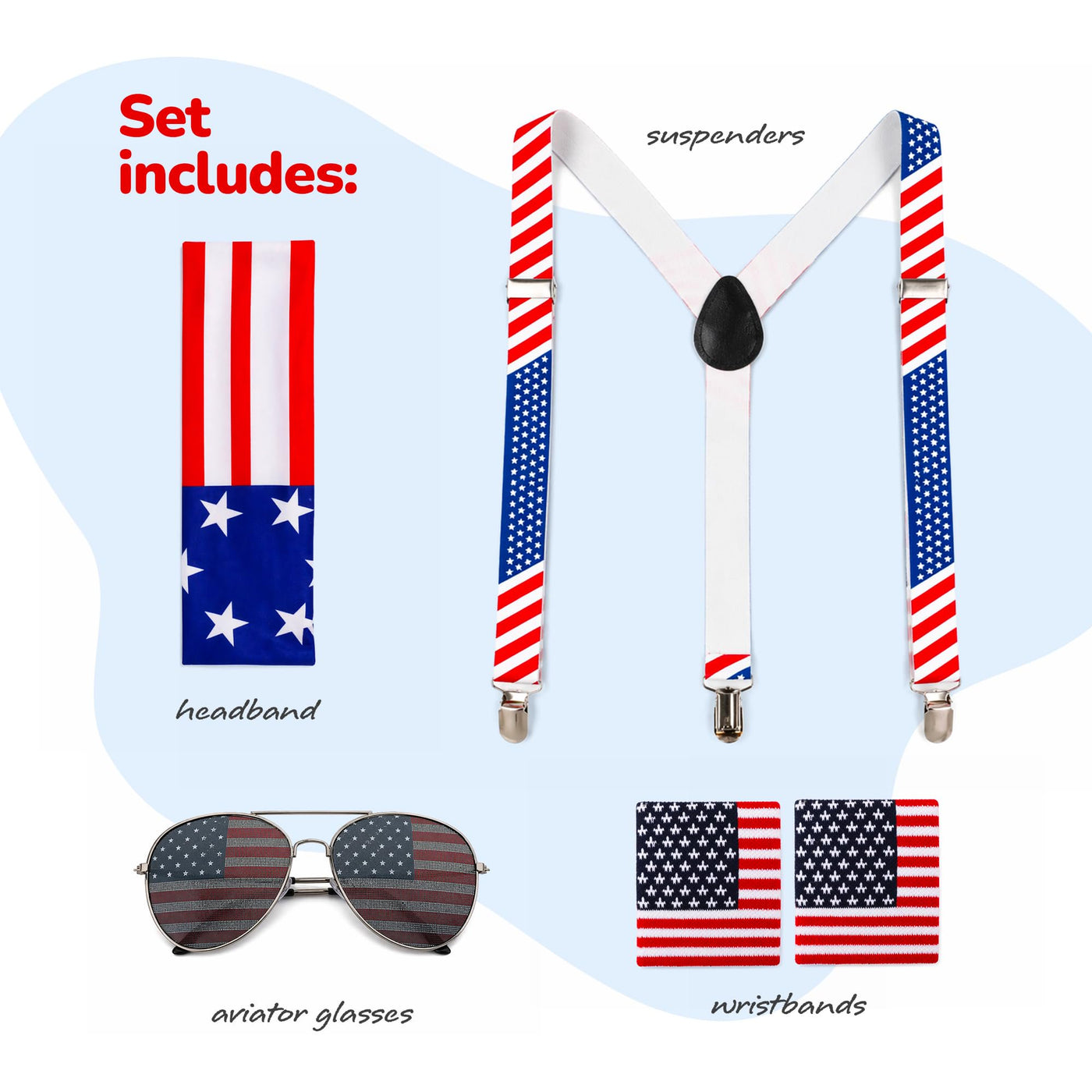 Patriotic Accessories - USA Glasses, American Flag Suspenders, Wristbands, and Headband - Red, White, and Blue