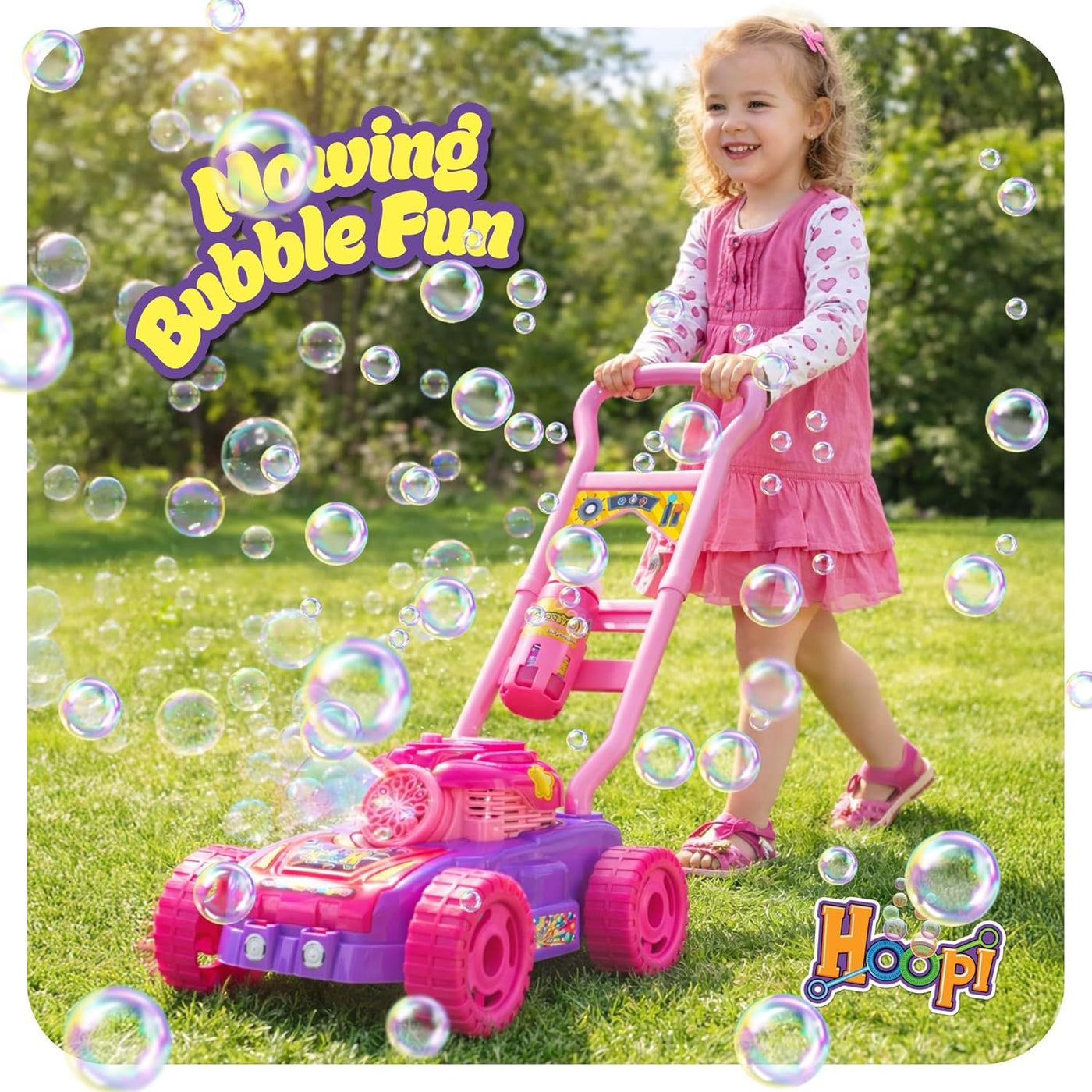 Hoopi Extreme Bubbles Lawn Mower for Toddlers, Spill-Proof Kids Bubble Machine with Lights with 3 Bottles