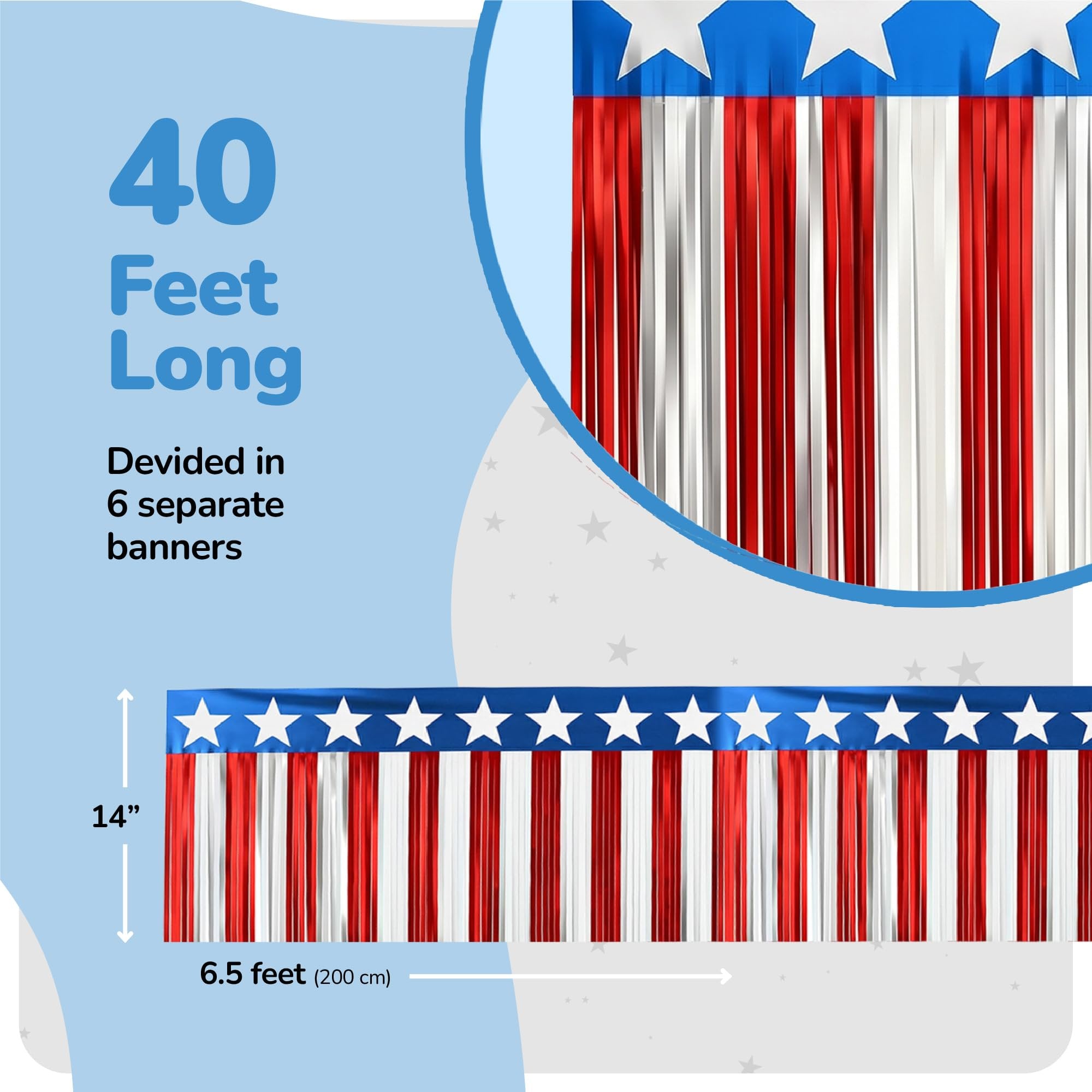 Patriotic USA Fringe Decoration - 40ft x 13.75" - Fourth of July Decoration, 6 Red White and Blue Banners