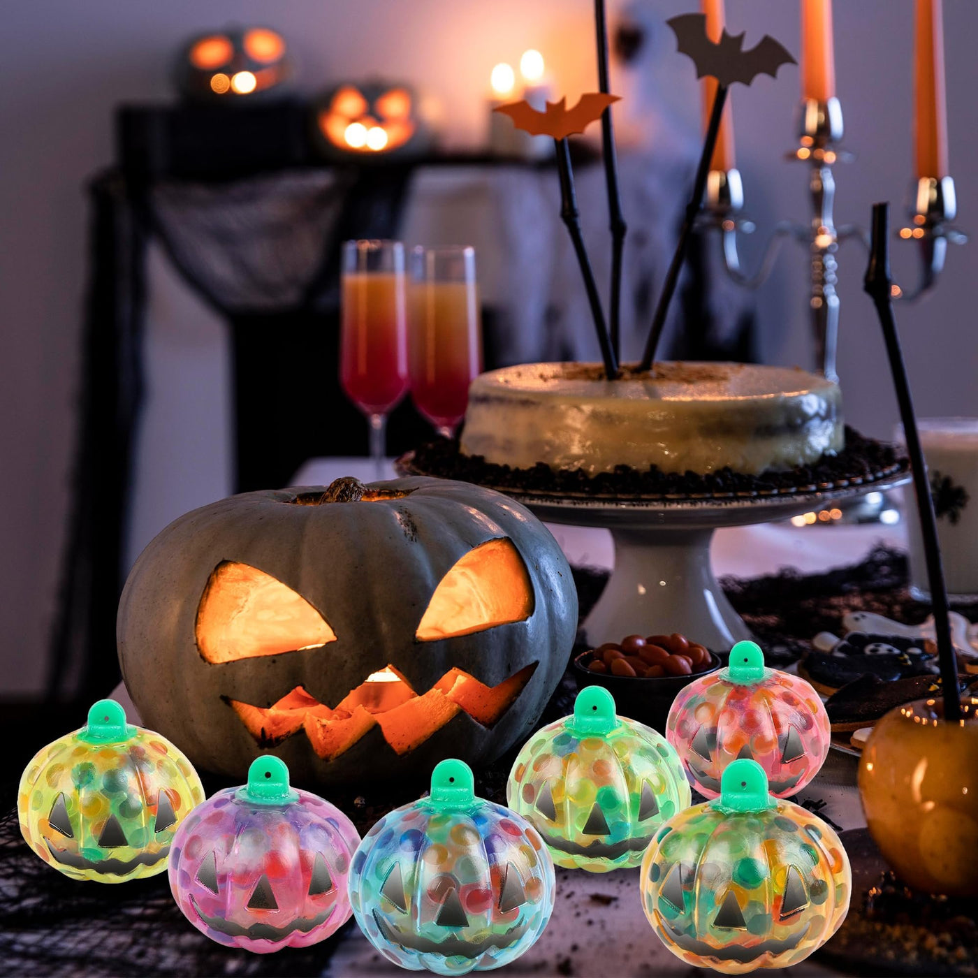 ArtCreativity Pumpkin Halloween Squeeze Toys - Set of 24 Squishy Toys - Stress Relief Squishy Toys for Kids in 6 Colors - Non-Candy Halloween Goodie Bag Stuffers - Sensory Fidget Squeeze Toys