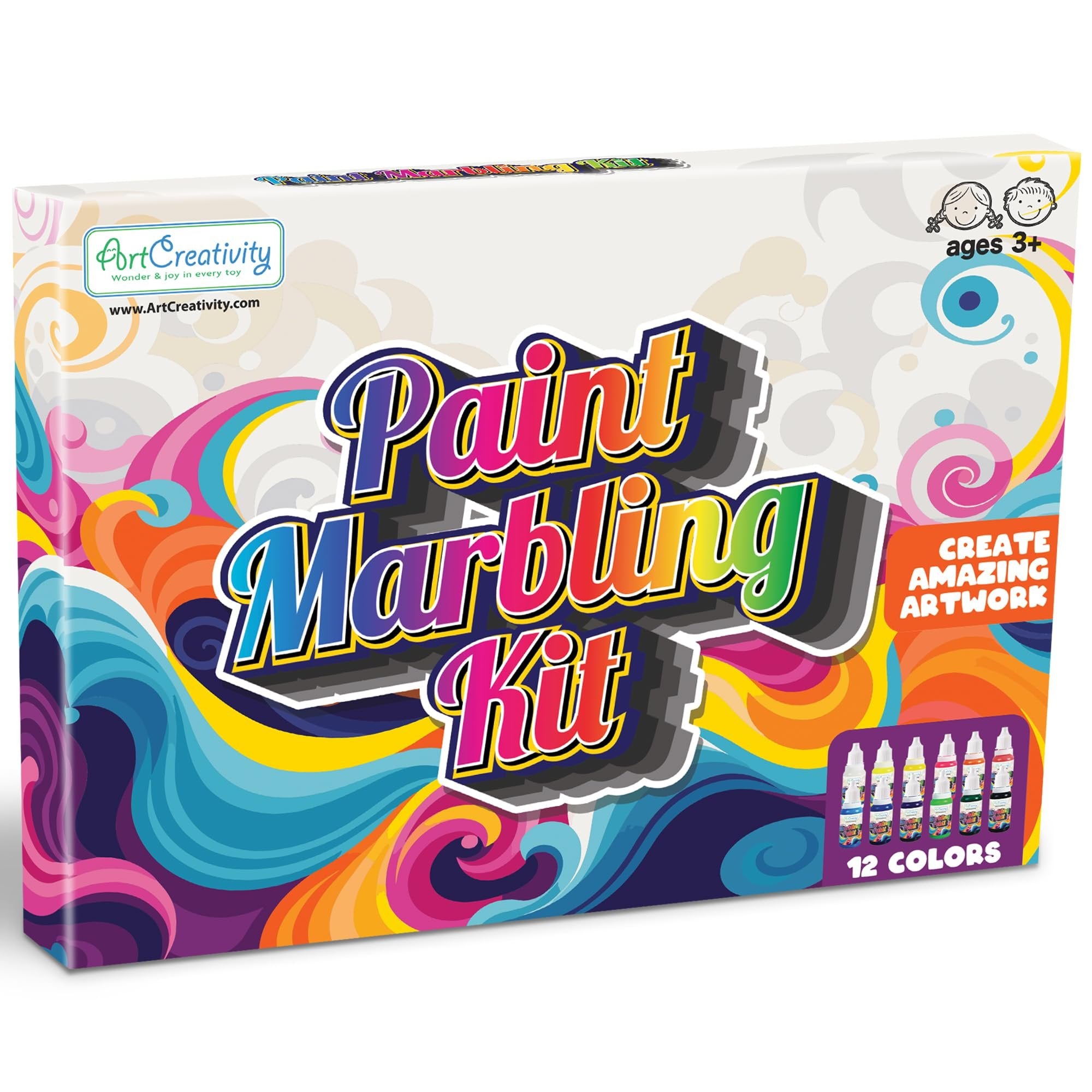 ArtCreativity Water Marbling Paint Art Kit for Kids - Complete Set with 12 Paint Colors, 10 Bags Thickening Powder, 10 A5 Papers, and More - Marble Art Painting Kit - Crafts for Kids Ages 3 and Up