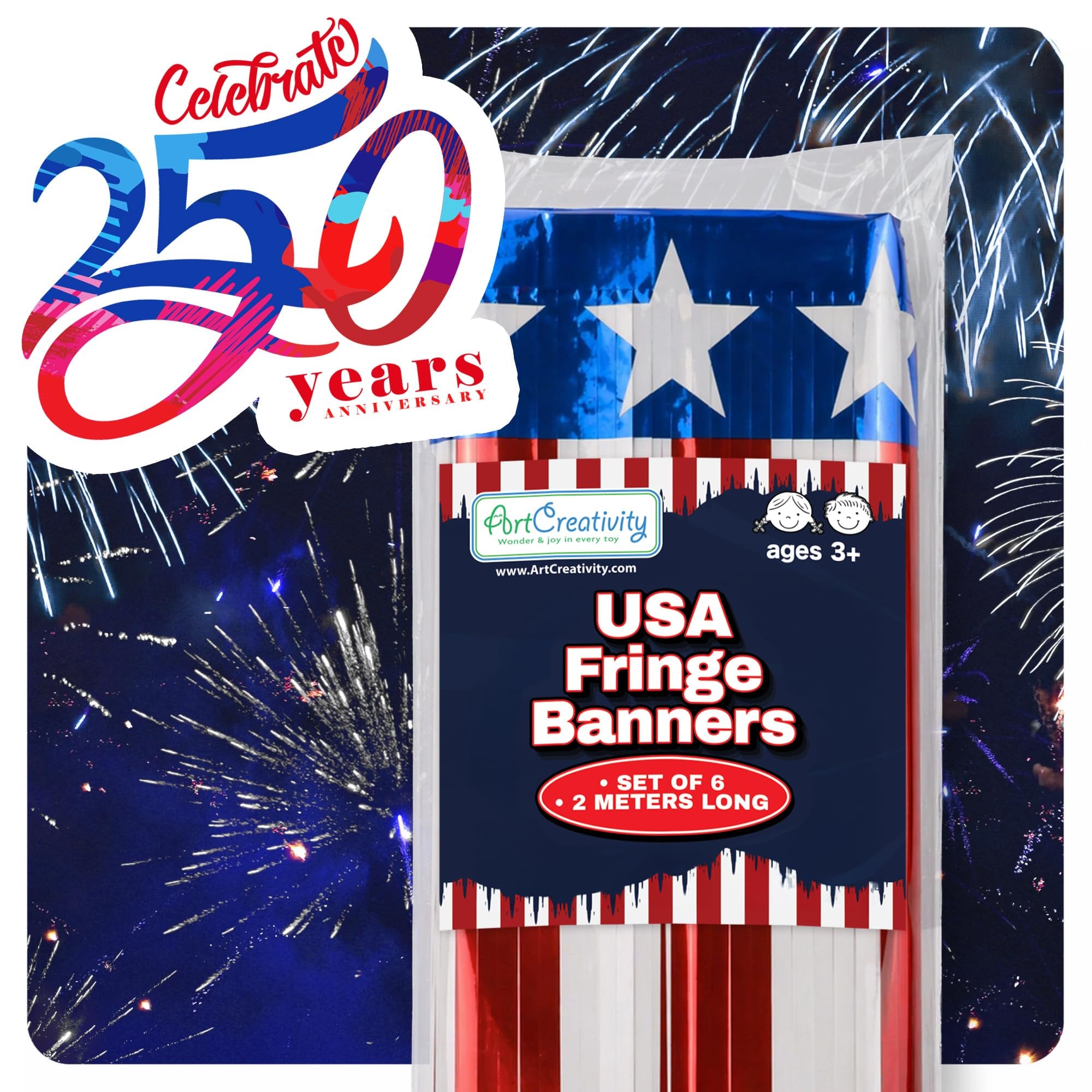 Patriotic USA Fringe Decoration - 40ft x 13.75" - Fourth of July Decoration, 6 Red White and Blue Banners