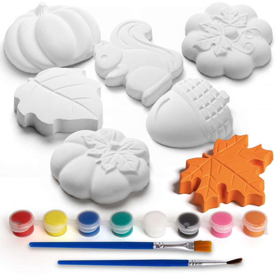ArtCreativity Thanksgiving Ceramic Painting Craft - 7 Pack - Kids Fall Crafts Includes 6 Ceramic Figures, 8 Paint Set, 2 Brushes, 6 Adhesive Magnet - DIY Thanksgiving Paint Activity for Toddlers 3-8