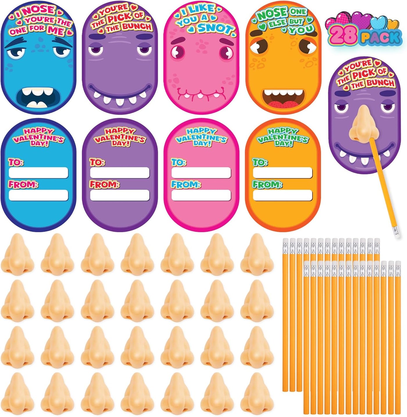 Funny Nose Pencil Sharpener with Valentines Cards - Set of 28