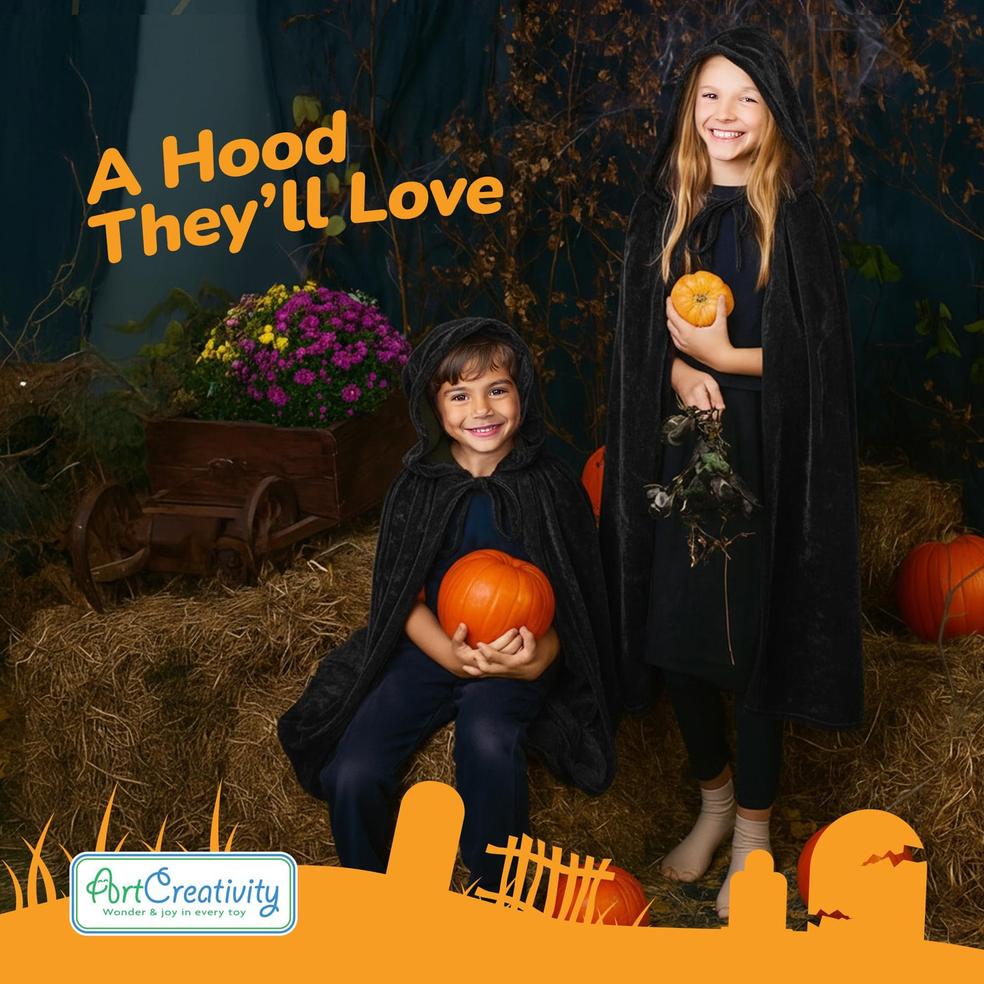 Velvet Hooded Cloak for Kids - 4ft Long – Deep Black Cloak with Hood and String Closure