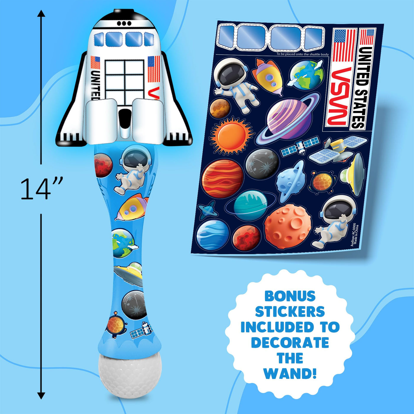 Space Shuttle Bubble Wand - Handcrafted Space Toys with Bubbles Refill Solution, Stickers, Music & Lights