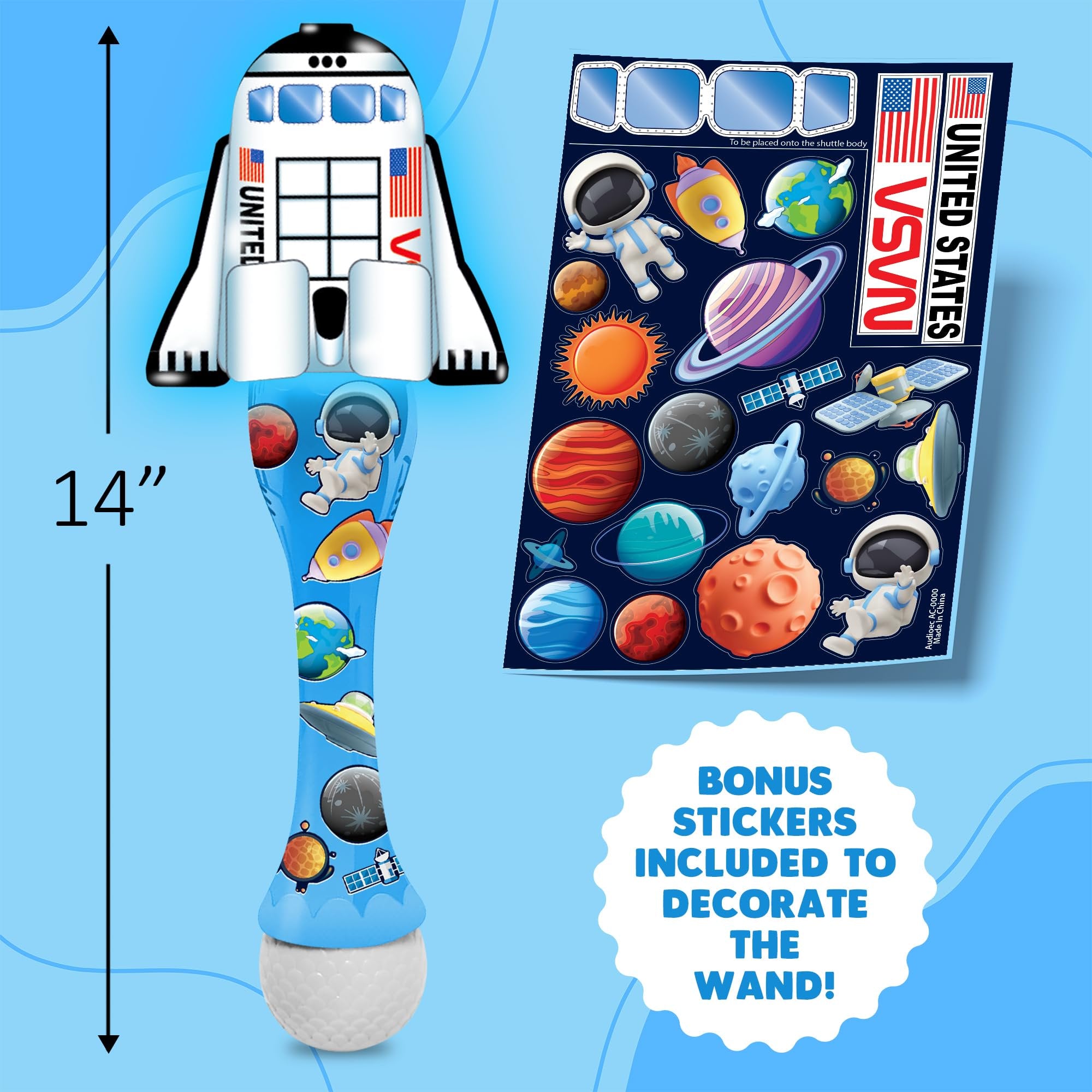 Space Shuttle Bubble Wand - Handcrafted Space Toys with Bubbles Refill Solution, Stickers, Music & Lights