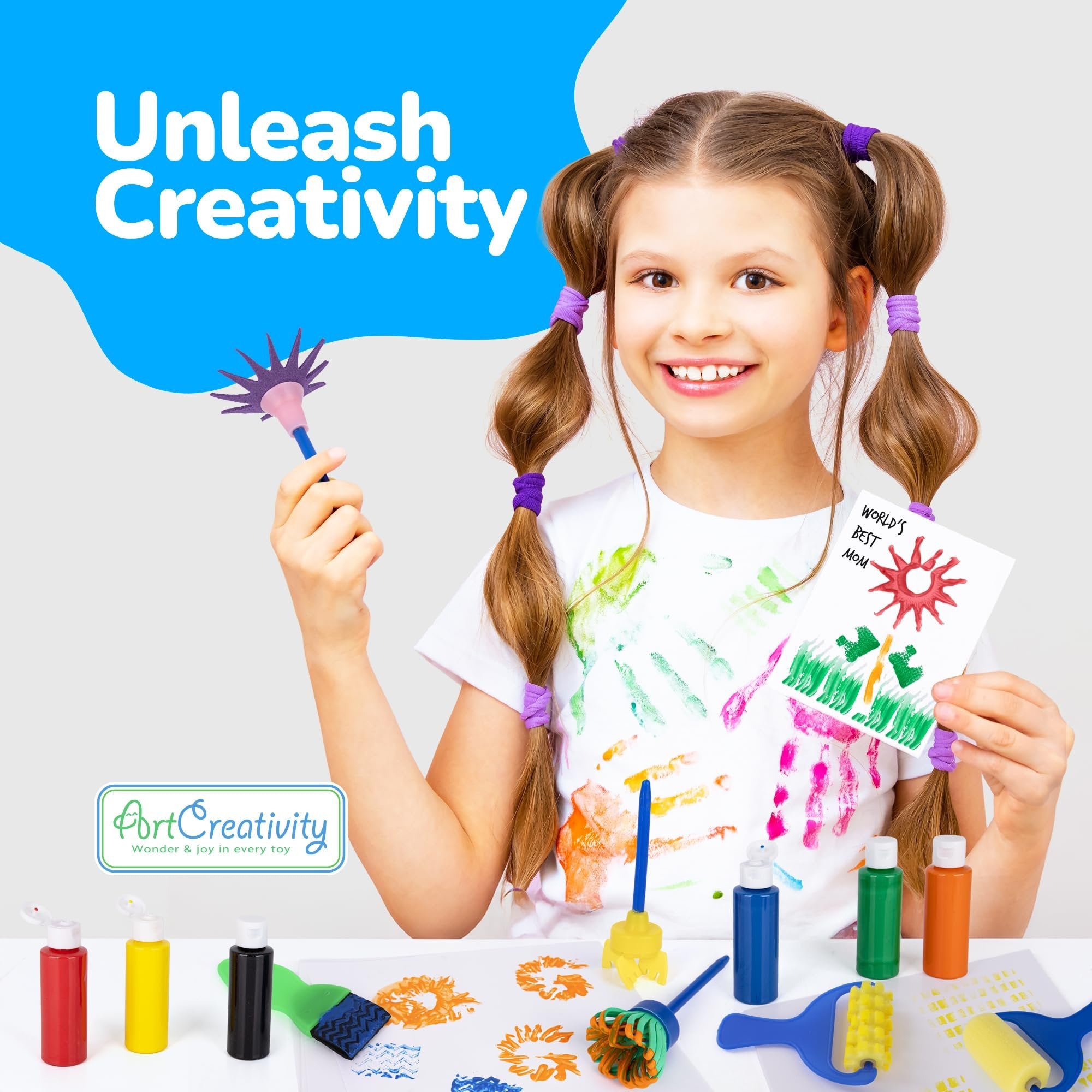 Kids Paint Brush & Roller Set with Paint – 18 Pc Toddler Art Kit with 6 Paint Bottles