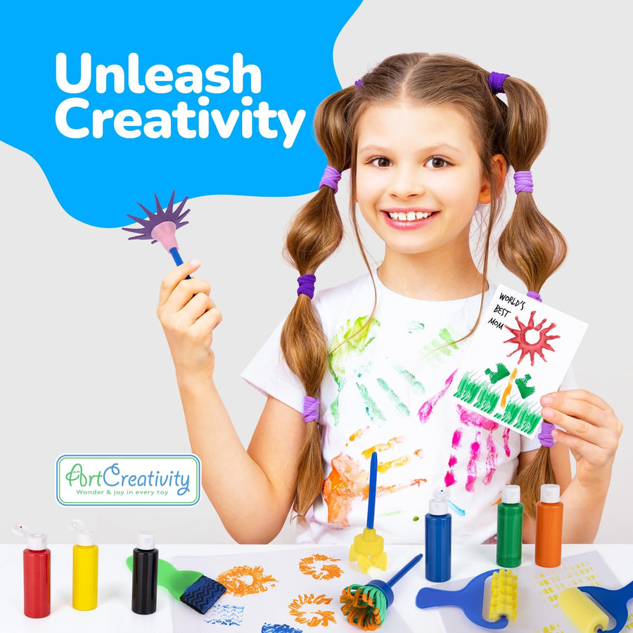 Kids Paint Brush & Roller Set with Paint – 18 Pc Toddler Art Kit with 6 Paint Bottles