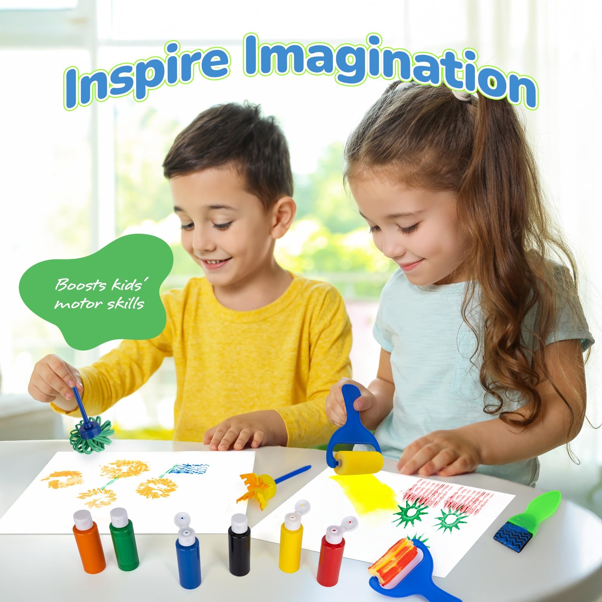 Kids Paint Brush & Roller Set with Paint – 18 Pc Toddler Art Kit with 6 Paint Bottles