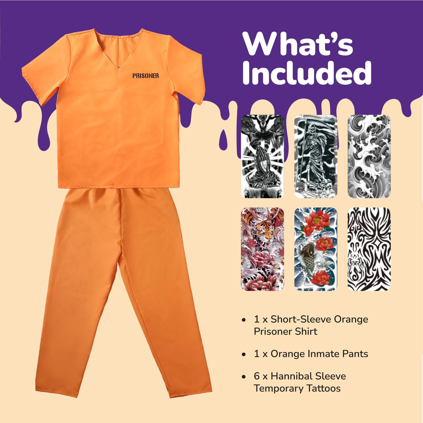 Orange Prisoner Costume with 6 Outlaw Sleeve Tattoos for Men - Size Medium - Adults