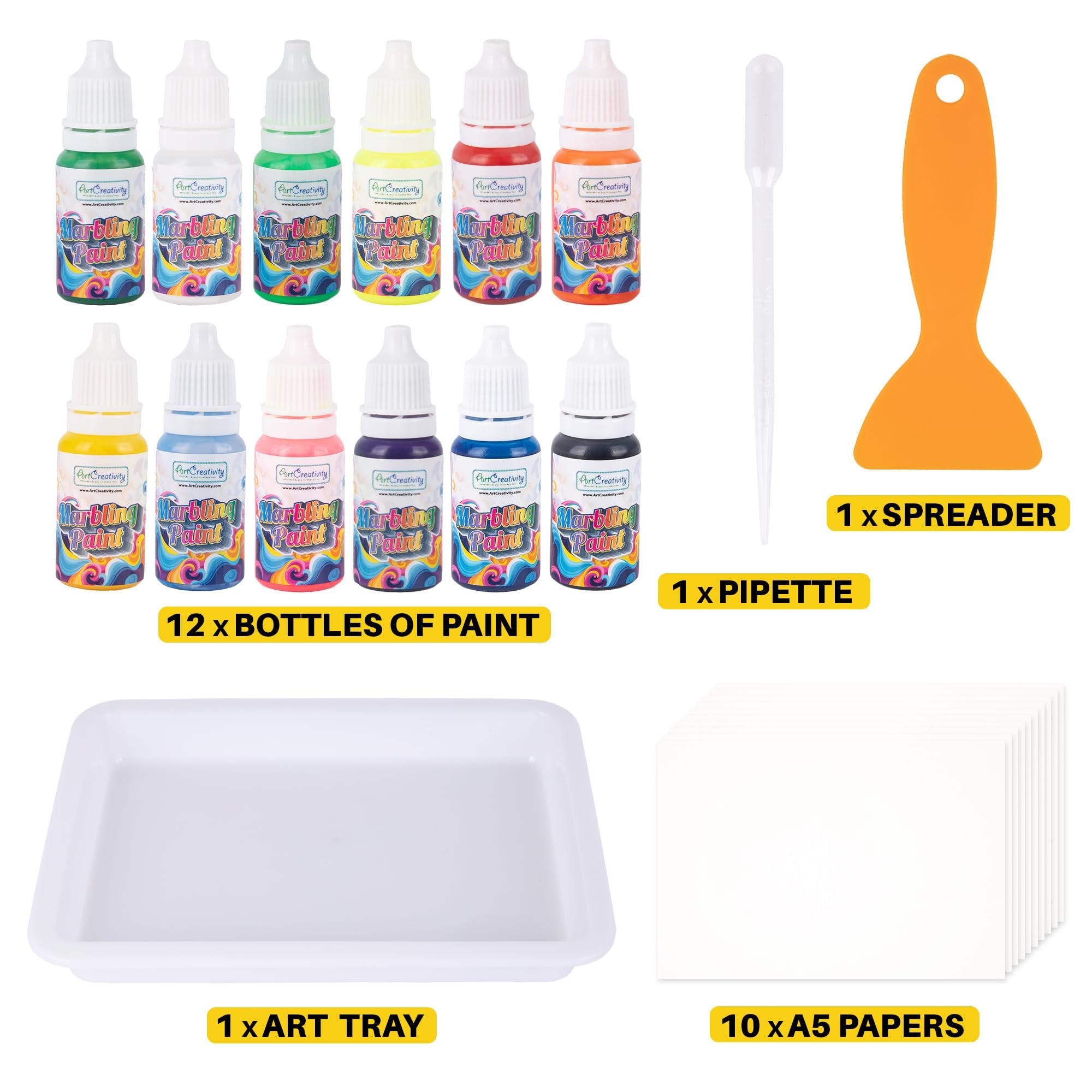 ArtCreativity Water Marbling Paint Art Kit for Kids - Complete Set with 12 Paint Colors, 10 Bags Thickening Powder, 10 A5 Papers, and More - Marble Art Painting Kit - Crafts for Kids Ages 3 and Up