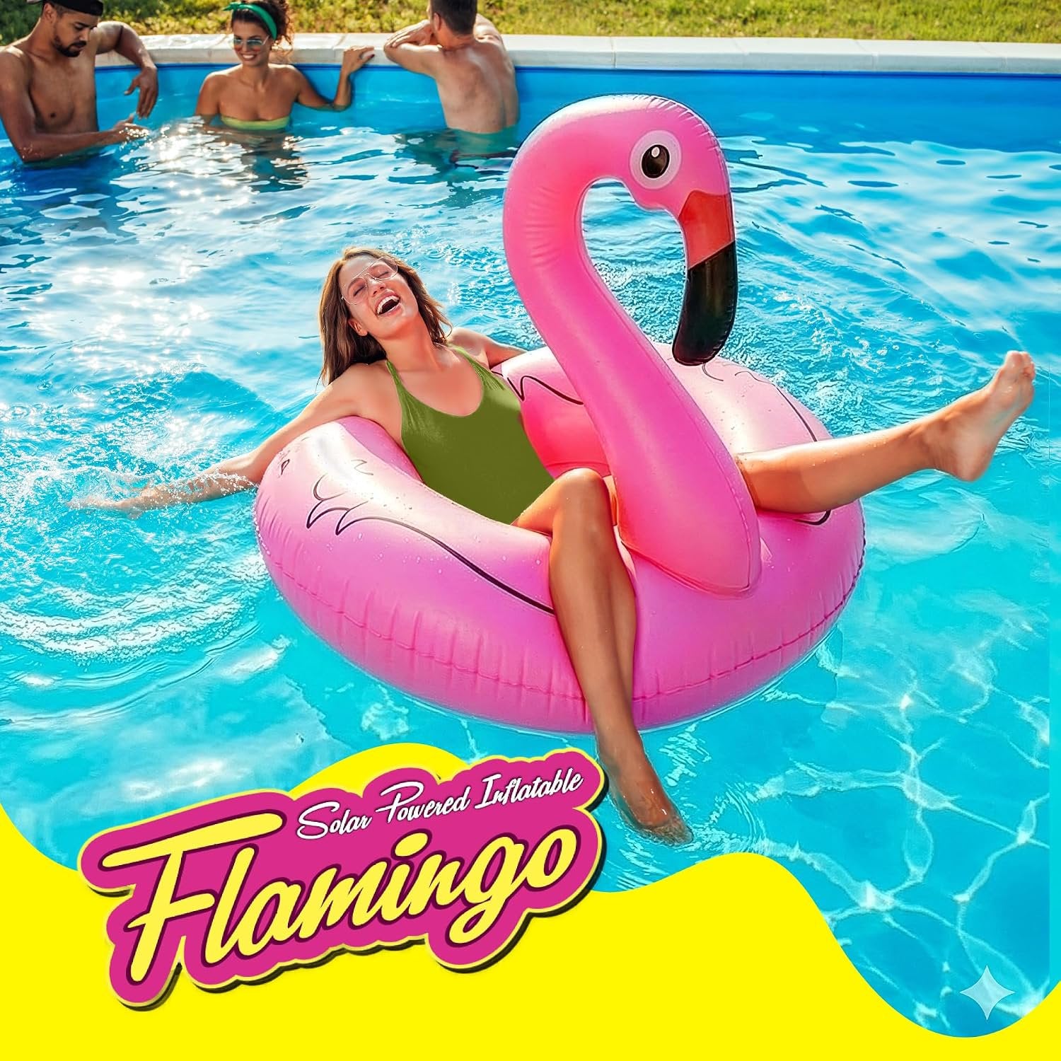 Flamingo Pool Float with Solar-Powered LED Lights - 43" X 34" - Inflatable Tropical Pool Floats for Adults - Hawaiian Party Decoration Accessories - Swimming Floats Outdoor Holiday Yard Decor