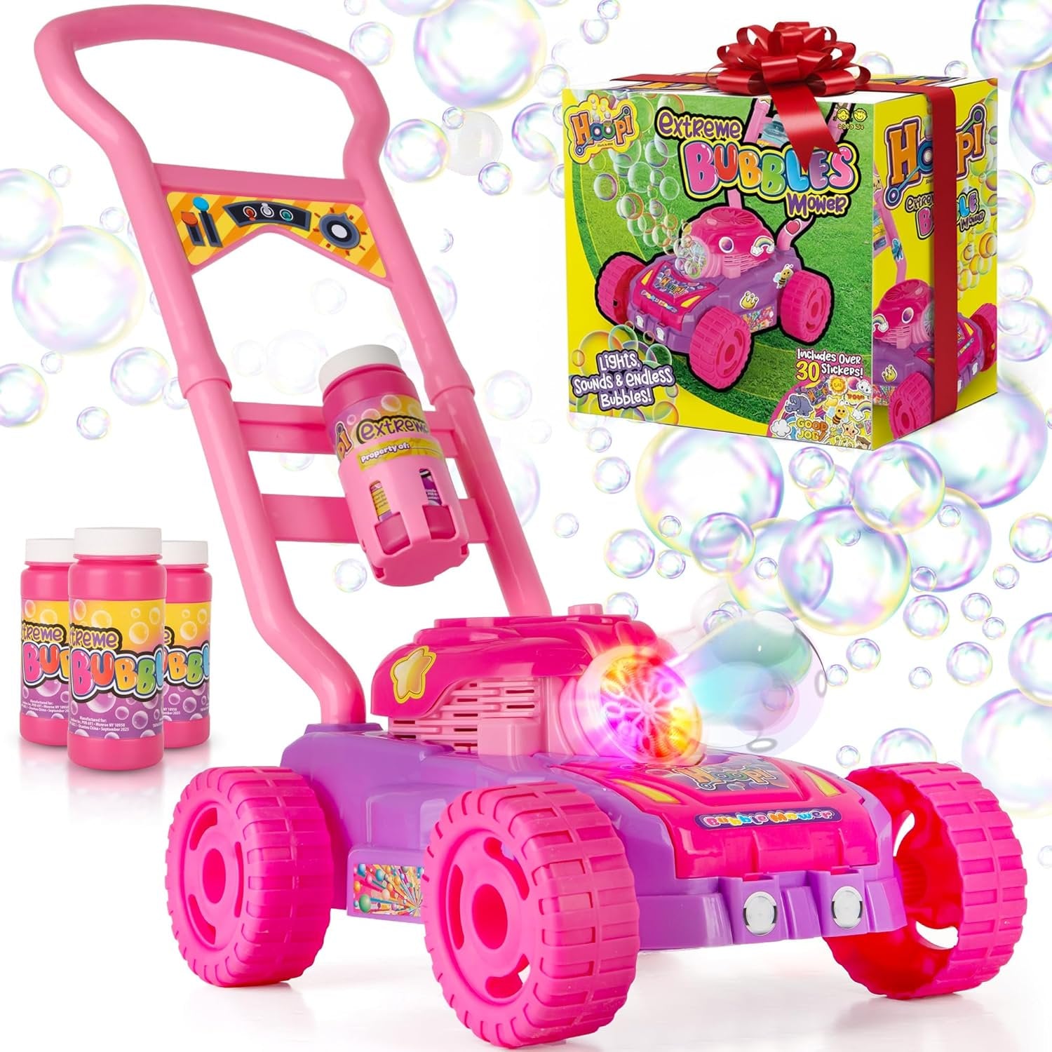 Hoopi Extreme Bubbles Lawn Mower for Toddlers, Spill-Proof Kids Bubble Machine with Lights with 3 Bottles