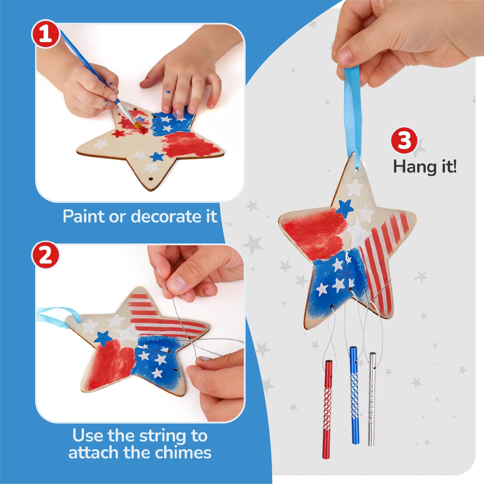 Patriotic DIY Wind Chime Kit for Kids - 9 Pack - Wooden Wind Chime Set with Paint Kit, Rhinestone Flower Stickers, 105 Stickers, and More - July 4th Arts and Crafts