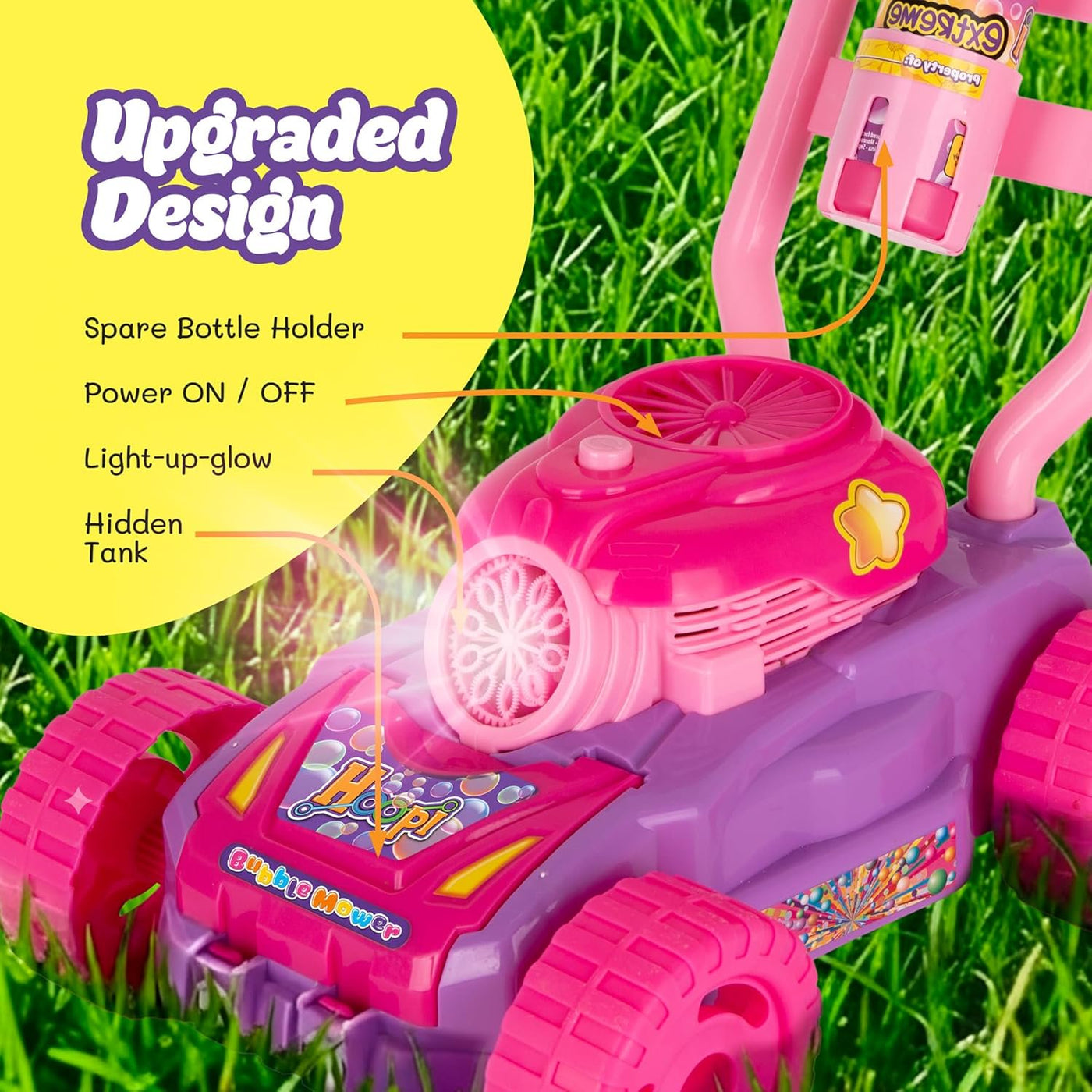 Hoopi Extreme Bubbles Lawn Mower for Toddlers, Spill-Proof Kids Bubble Machine with Lights with 3 Bottles