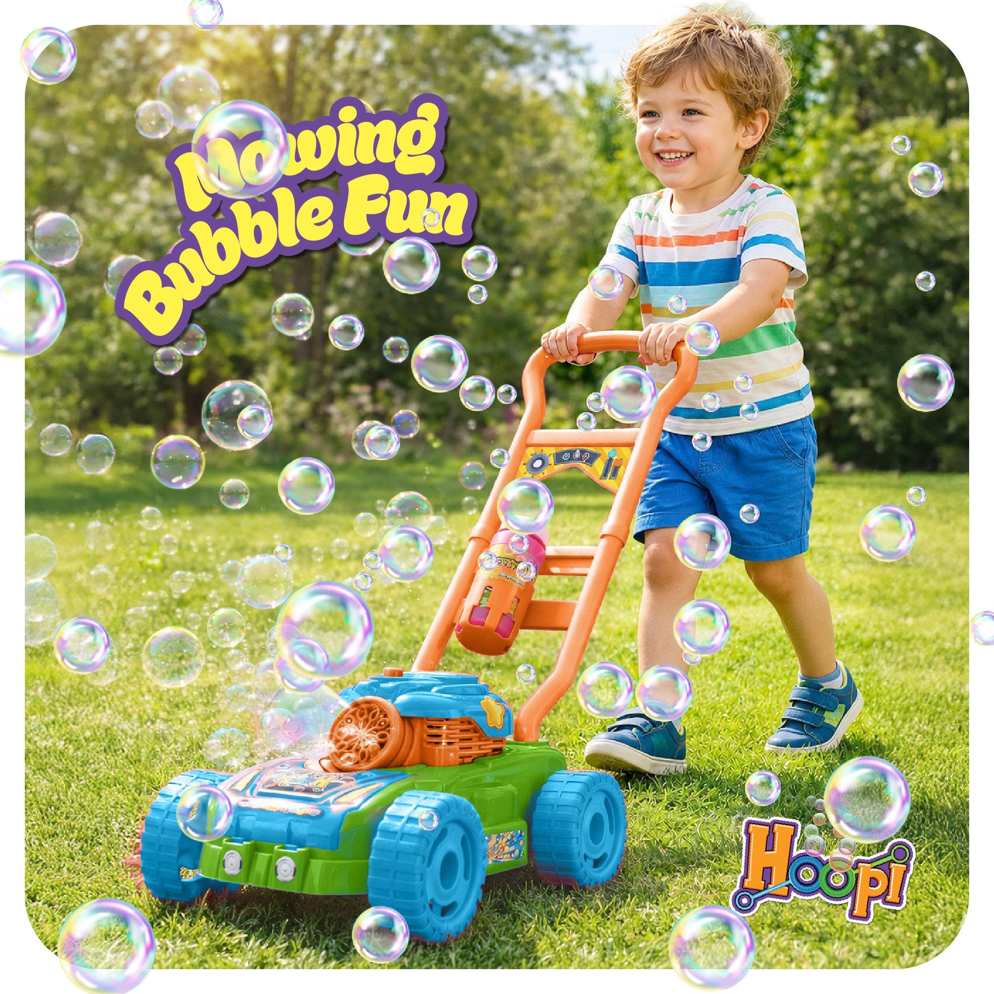 Hoopi Bubble Lawn Mower, Bubble Blowing Push Toy with 3 Solutions Bottles