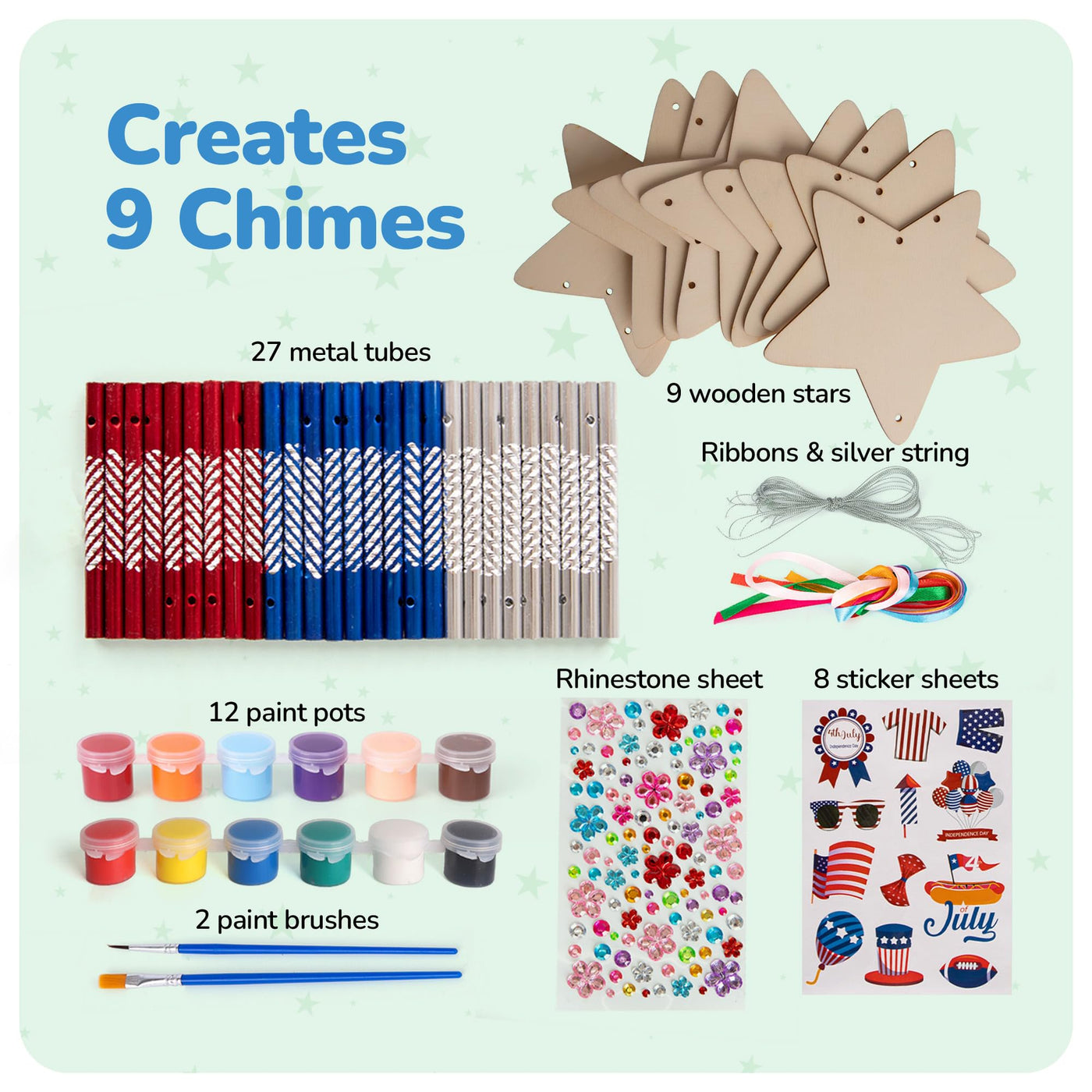 Patriotic DIY Wind Chime Kit for Kids - 9 Pack - Wooden Wind Chime Set with Paint Kit, Rhinestone Flower Stickers, 105 Stickers, and More - July 4th Arts and Crafts
