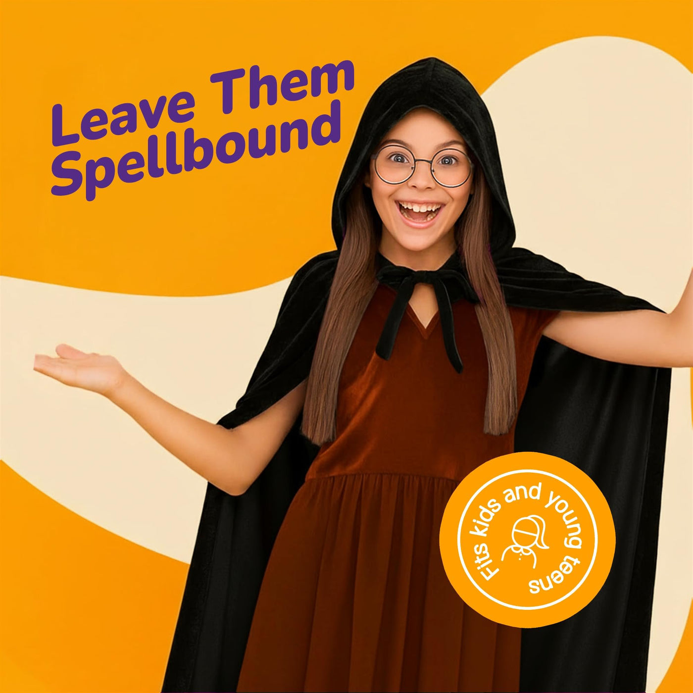 Velvet Hooded Cloak for Kids - 4ft Long – Deep Black Cloak with Hood and String Closure