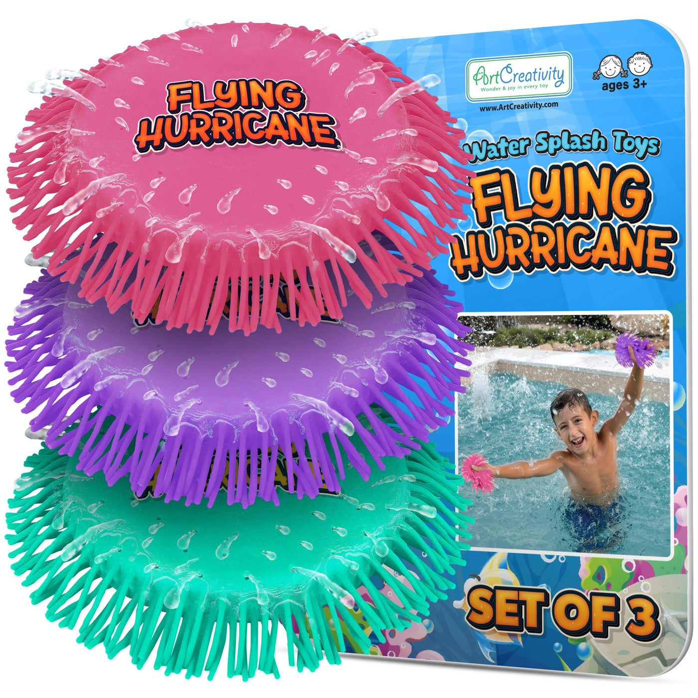 Splash Water Flying Disc Toys, Set of 3, Water Splashing Flying Discs for Kids in 3 Bright Colors