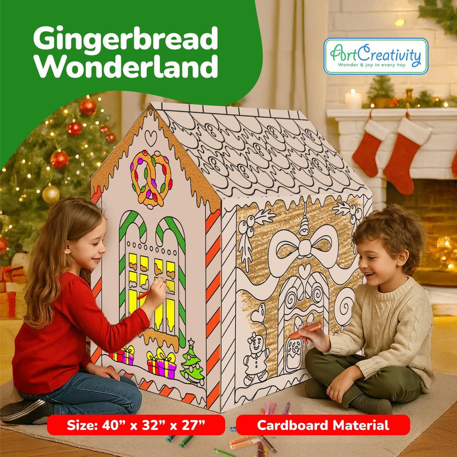 Gingerbread House Craft Kit for Kids with 24 Butter Crayons - Black and White Gingerbread Cardboard Playhouse to be Colored