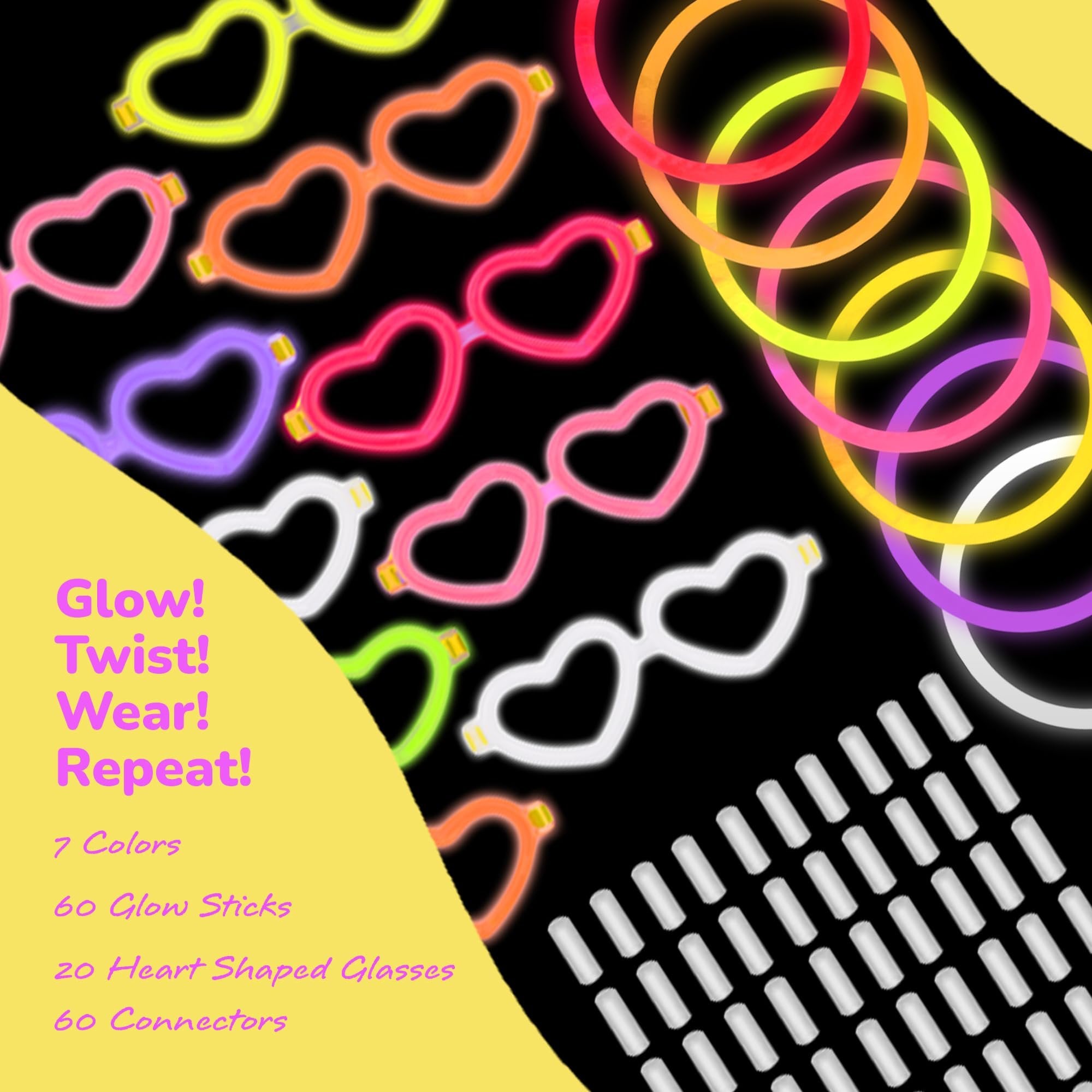 Glow in the Dark Bracelets & Glasses Set – 20 Heart Frames, 60 Glow Sticks & Connectors