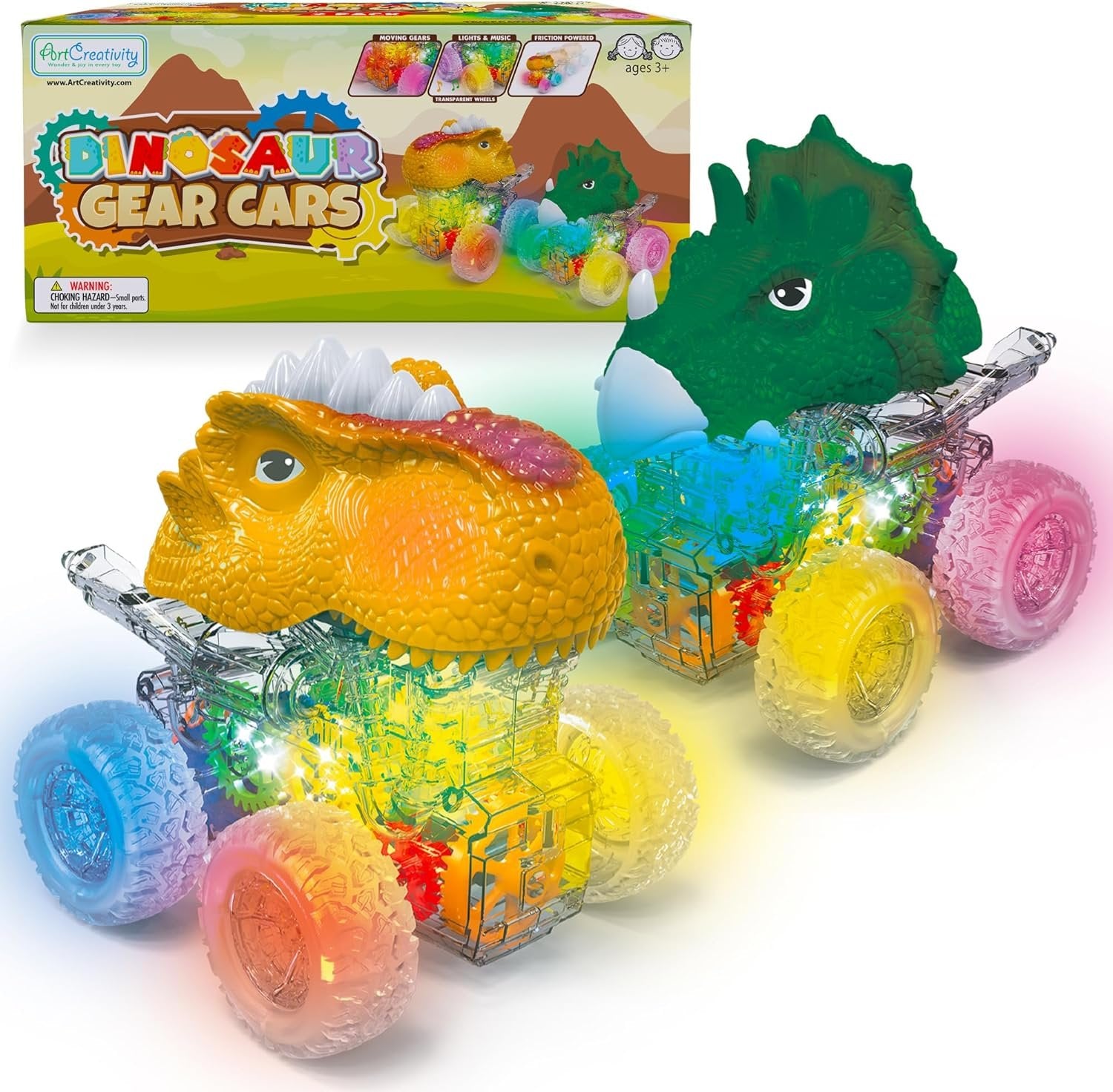 Gear Cars with Glowing Transparent Wheels, Lights, & Music - 2 Pack