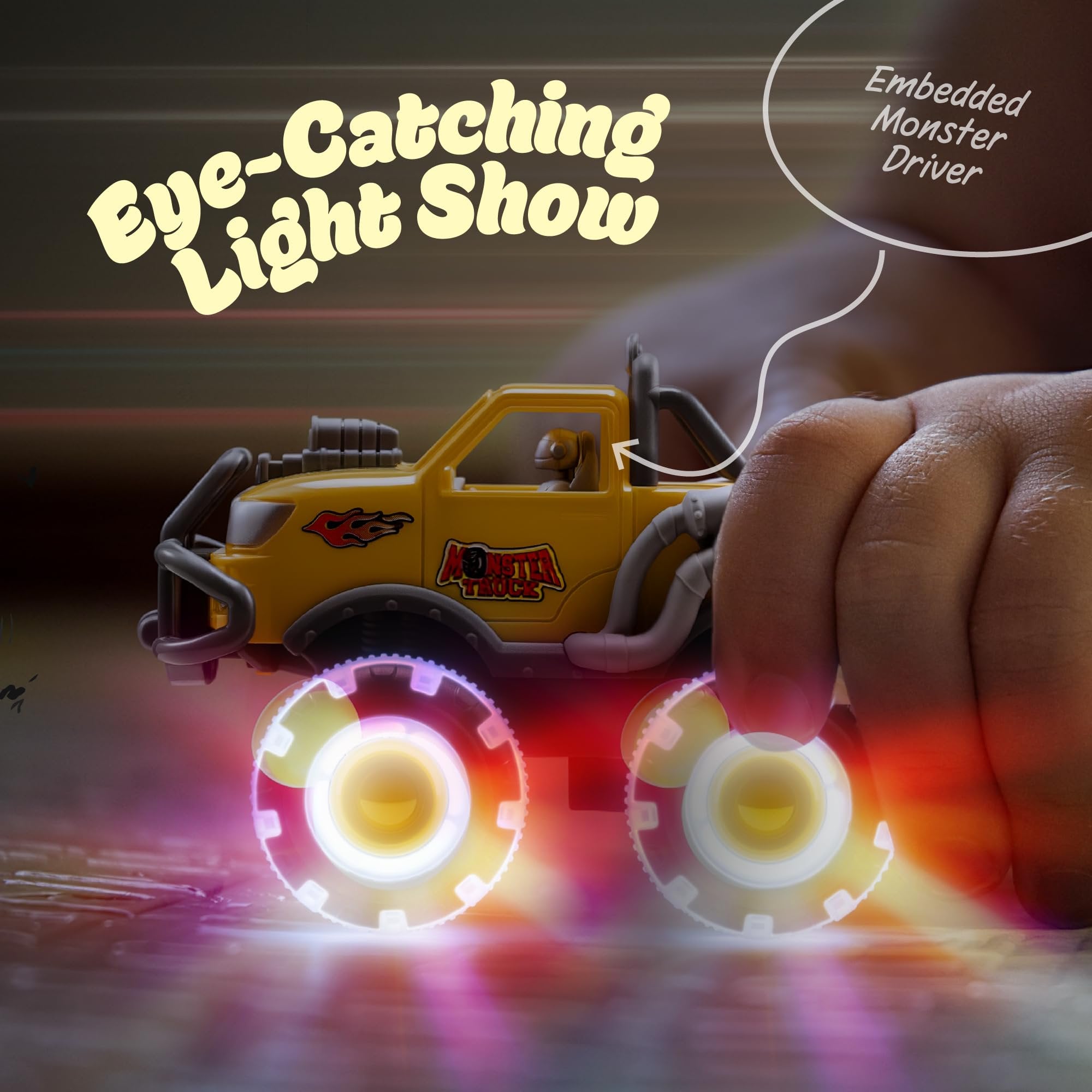Monster Truck Toys 3 Pack with Motion Activated Light Up Wheels Friction Powered Push and Go Vehicles