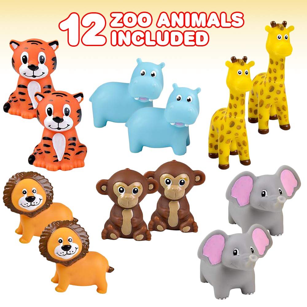 12 Squeezy Zoo Animals, Squeezable Safari Toy Squirts for Kids