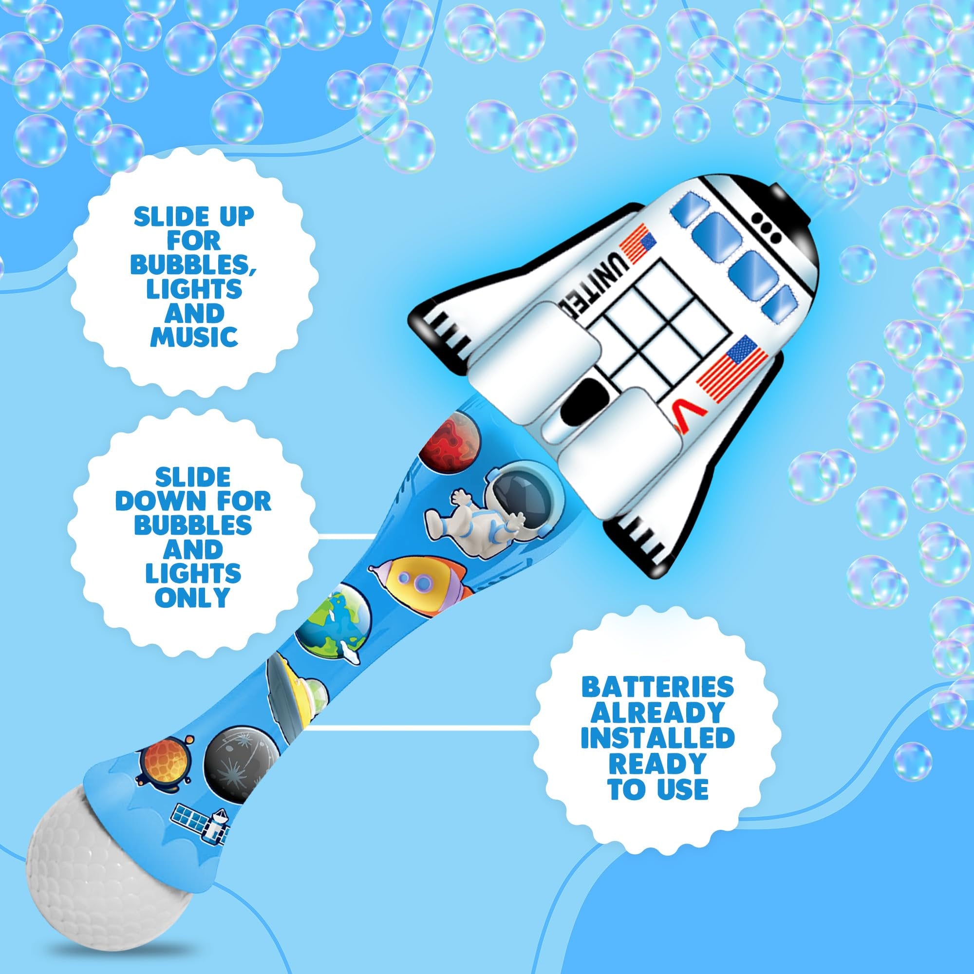 Space Shuttle Bubble Wand - Handcrafted Space Toys with Bubbles Refill Solution, Stickers, Music & Lights