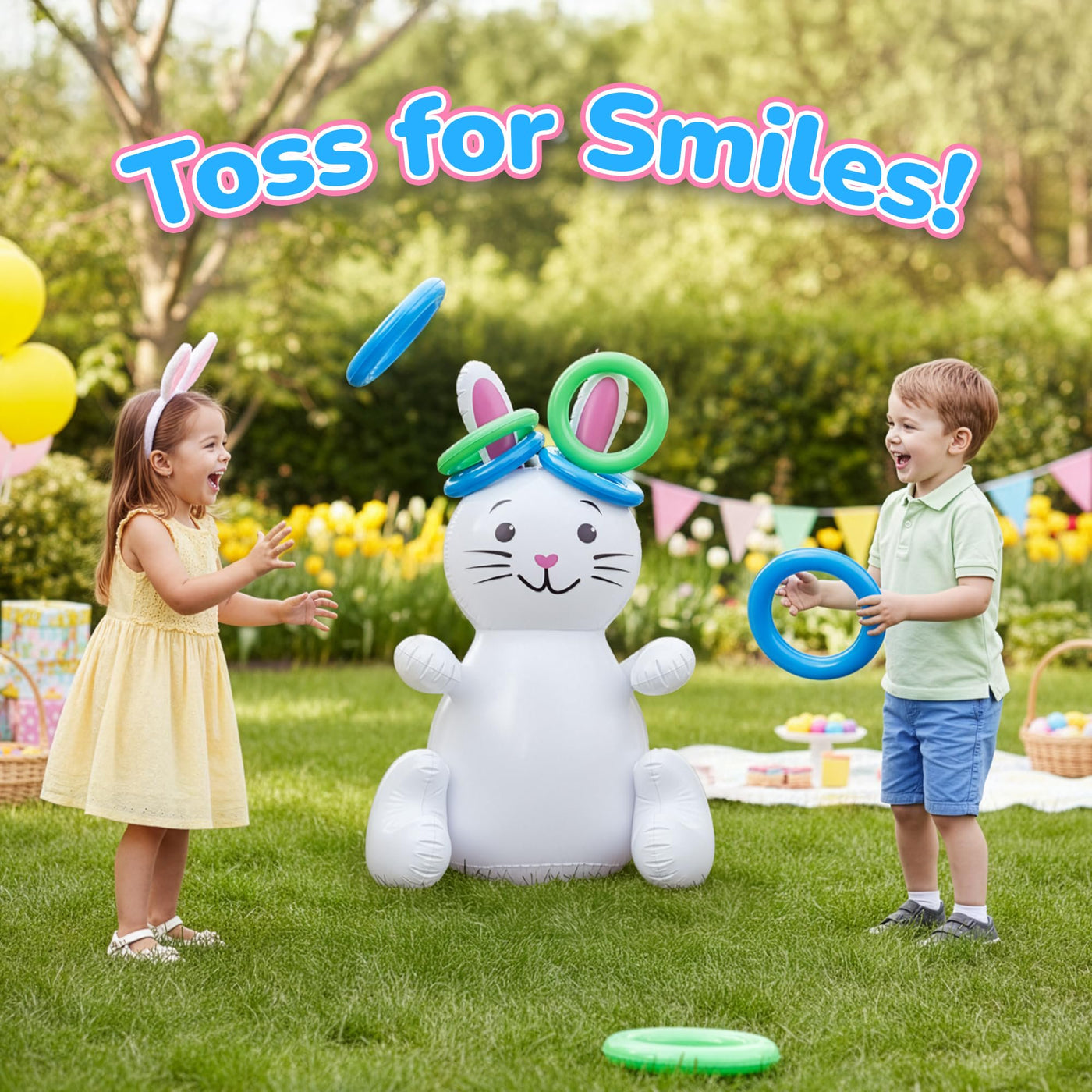 ArtCreativity Easter Bunny Inflatable Ring Toss Game - Easter Games for Kids with Inflatable Bunny and 6 Rings - Weighted Bottom to Keep the Inflatable Rabbit Upright - Outdoor Easter Family Games