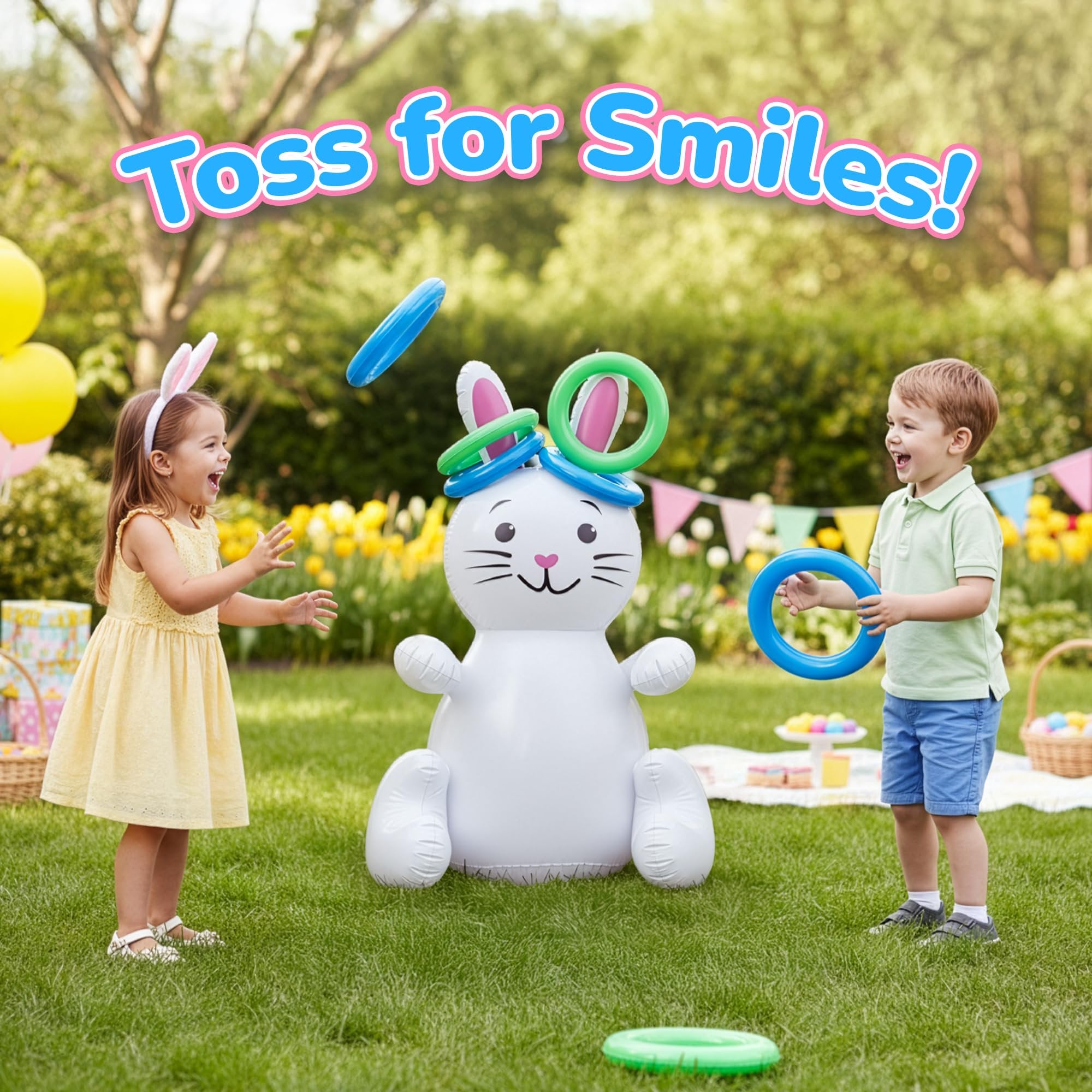 ArtCreativity Easter Bunny Inflatable Ring Toss Game - Easter Games for Kids with Inflatable Bunny and 6 Rings - Weighted Bottom to Keep the Inflatable Rabbit Upright - Outdoor Easter Family Games