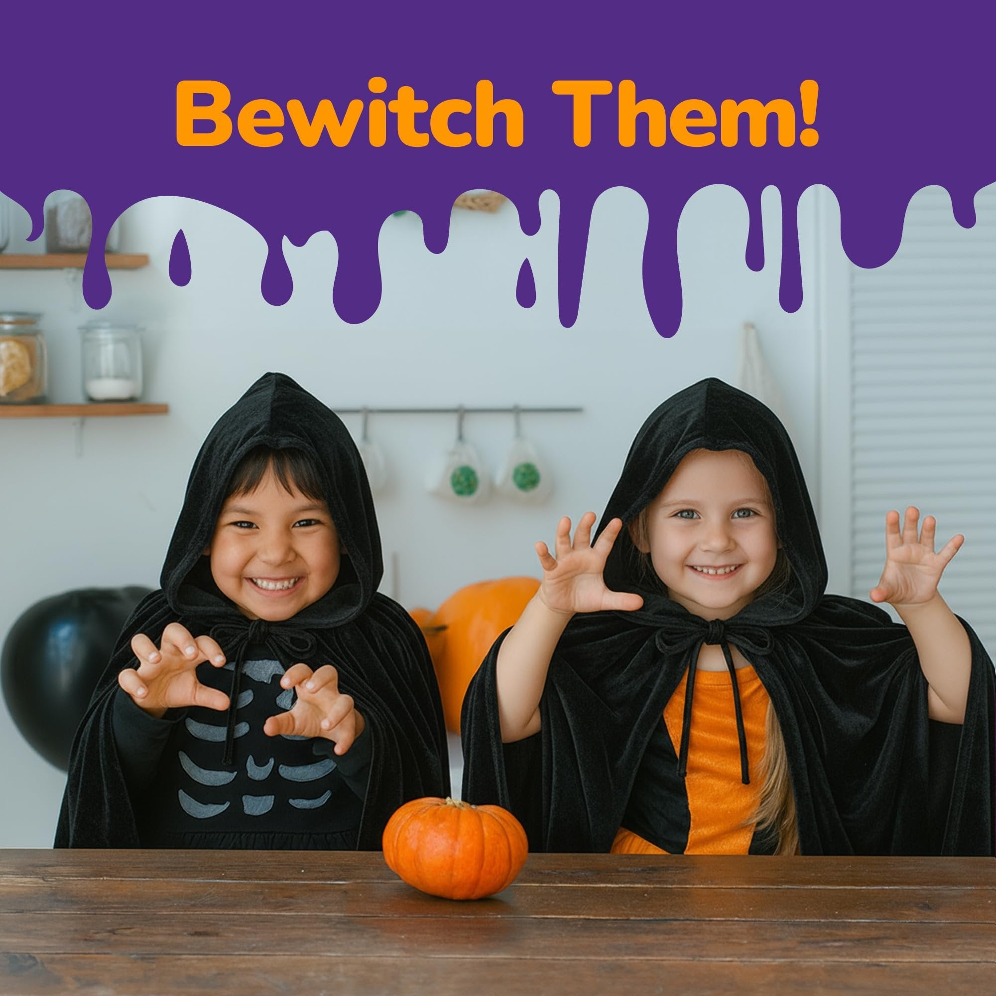 Velvet Hooded Cloak for Kids - 4ft Long – Deep Black Cloak with Hood and String Closure