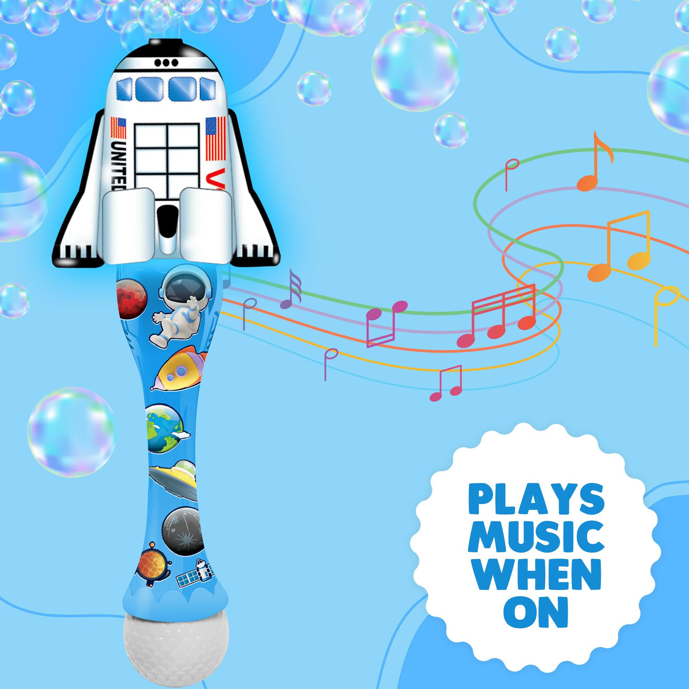 Space Shuttle Bubble Wand - Handcrafted Space Toys with Bubbles Refill Solution, Stickers, Music & Lights