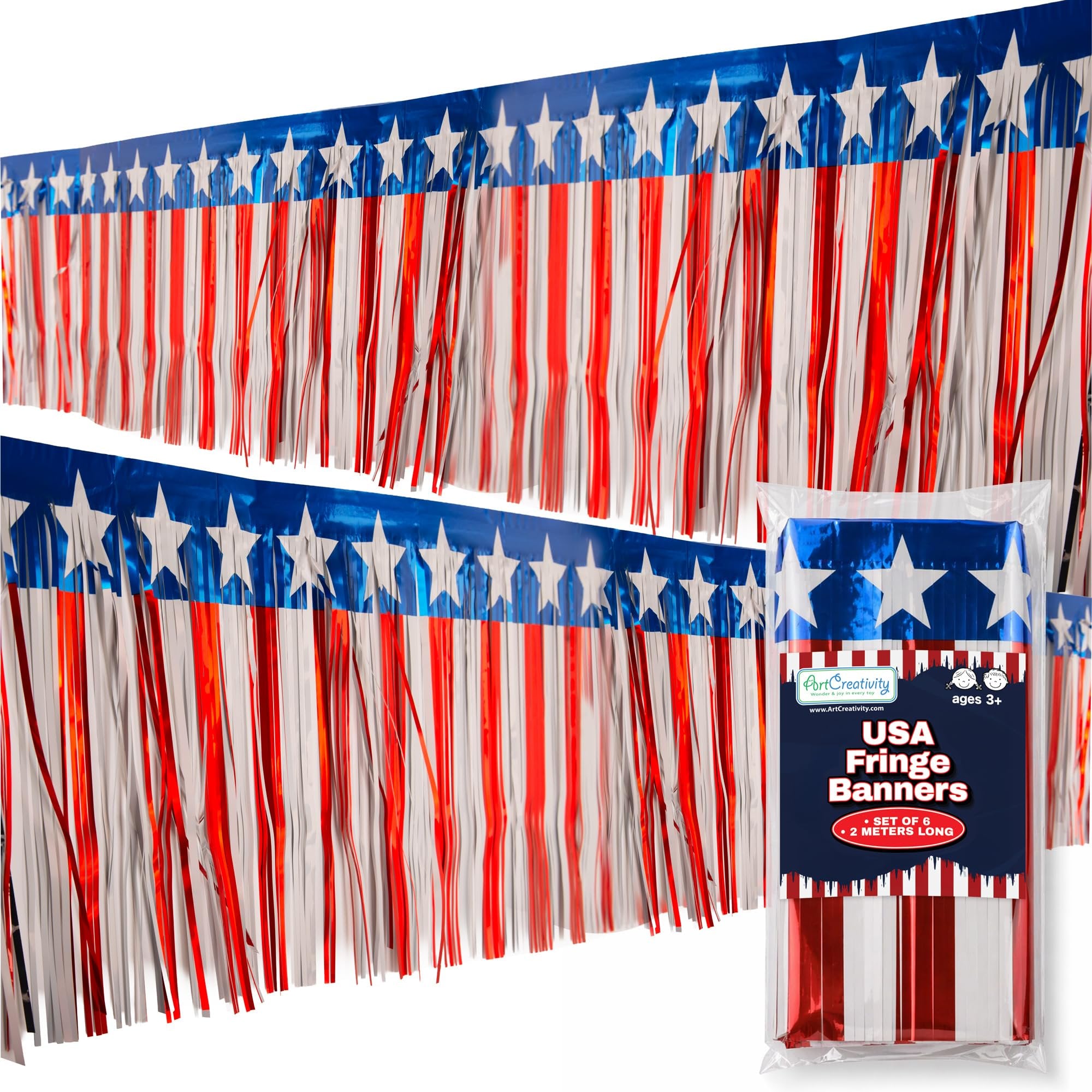 Patriotic USA Fringe Decoration - 40ft x 13.75" - Fourth of July Decoration, 6 Red White and Blue Banners