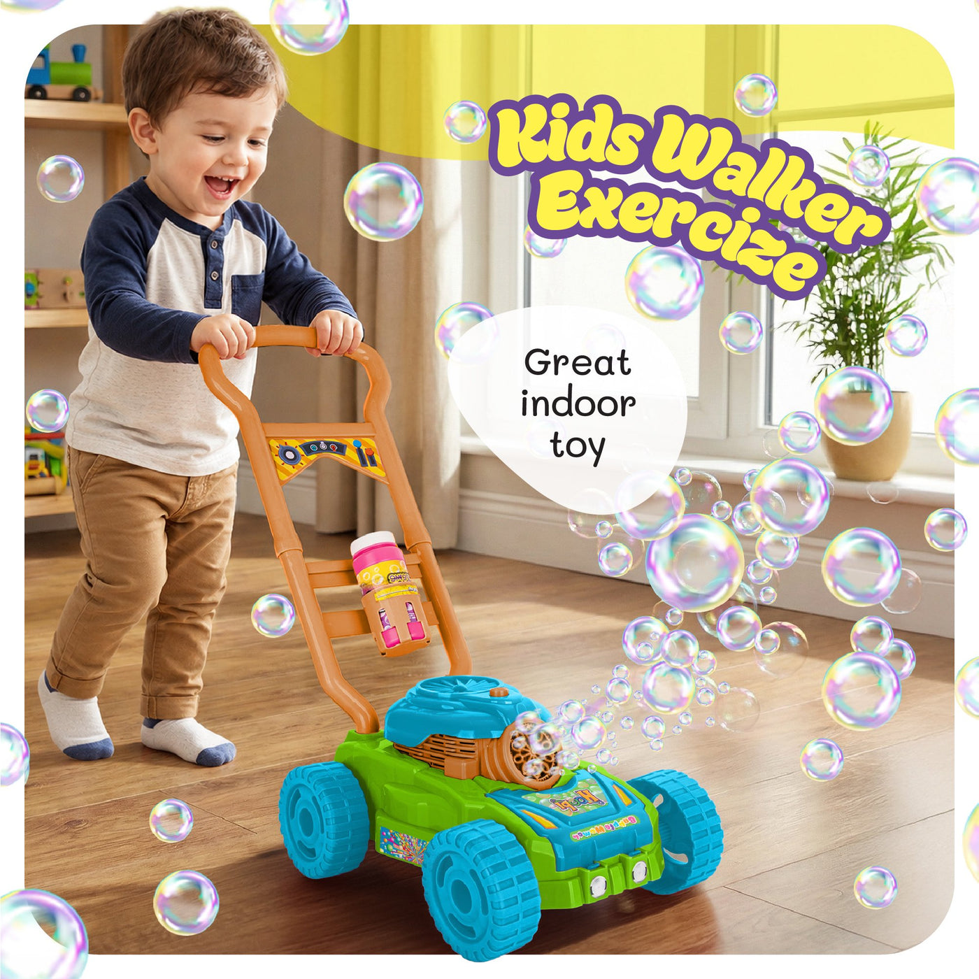 Hoopi Bubble Lawn Mower, Bubble Blowing Push Toy with 3 Solutions Bottles